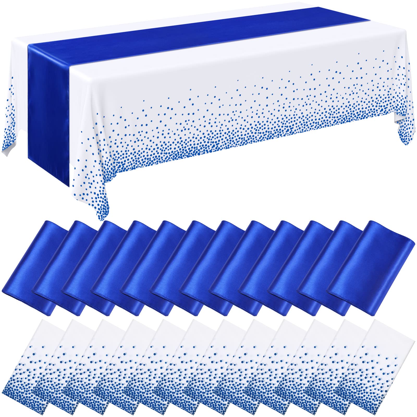 Breling 24 Pack Royal Blue Disposable Plastic Tablecloths And Satin Table Runner Set, 54 X 108 Inch Tablecloth, 12 X 108 Inch Ta