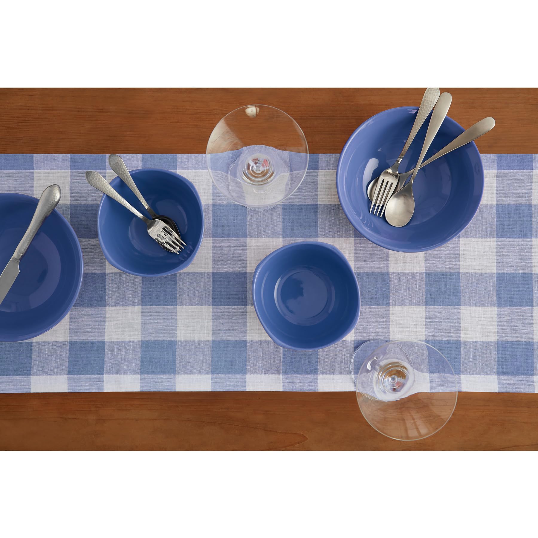 Solino Home Buffalo Check Linen Table Runner 72 Inches Long - 100% Pure Linen Hydrangea Blue Plaid Table Runner 14 X 72 Inch Ide