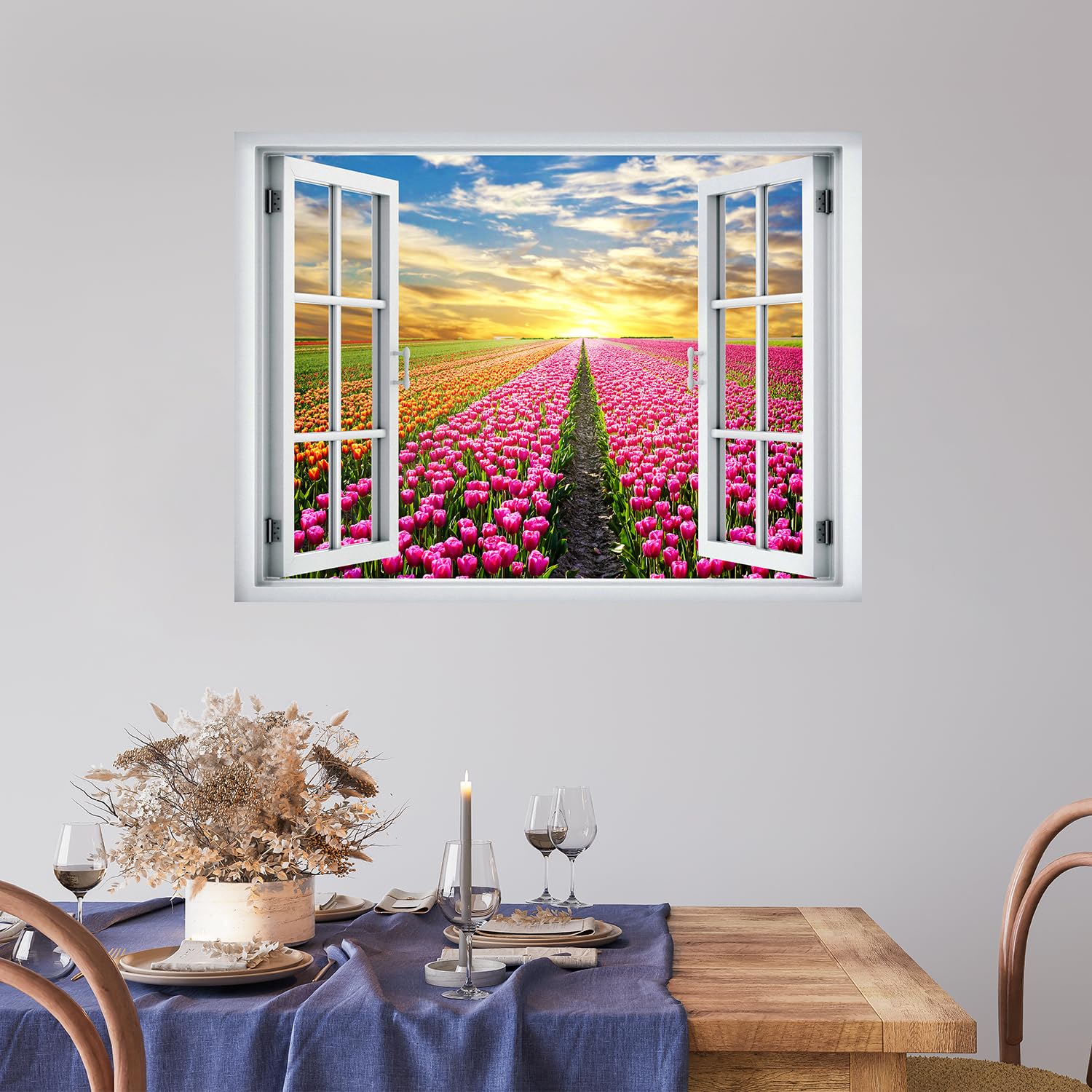 wall26 Removable Wall Sticker/Wall Mural Window View Vibrant Neon Sunset Pink Tulip Flower Field Nature Wilderness Photography Realism Landscape Multicolor for Living Room  Bedroom  Office - 24''x32''