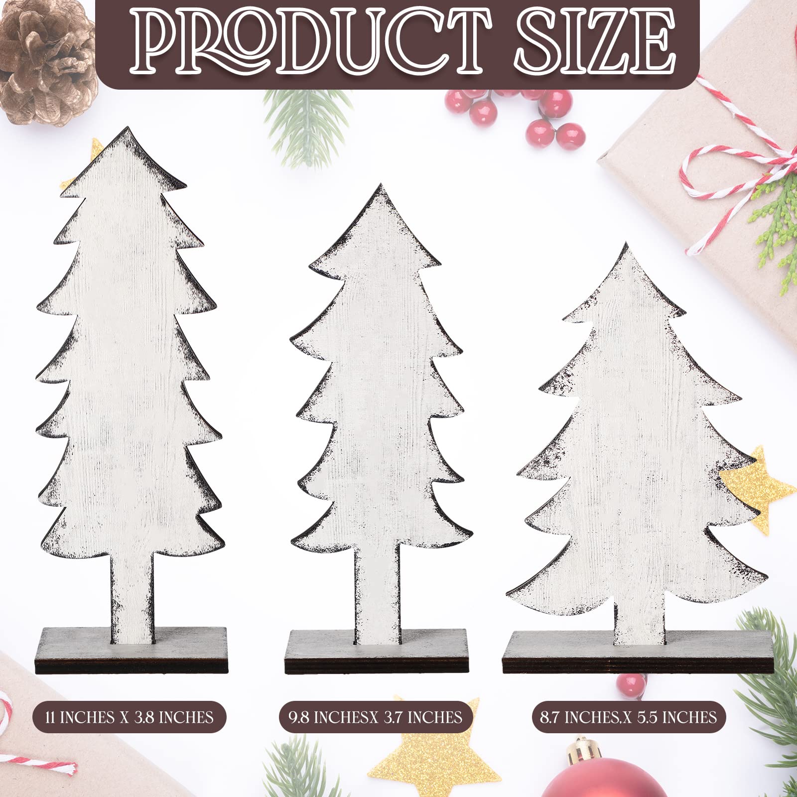 Meooeck 3 Pcs White Wood Christmas Trees Tabletop Rustic Christmas Decor Farmhouse Centerpieces Decorations for Tables with Rect