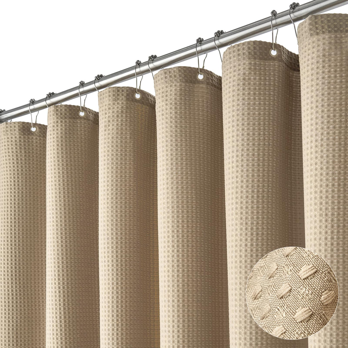 Dynamene Beige Fabric Shower Curtain - Waffle Textured Heavy Duty Cloth Shower Curtains For Bathroom, 256Gsm Hotel Spa Luxury We