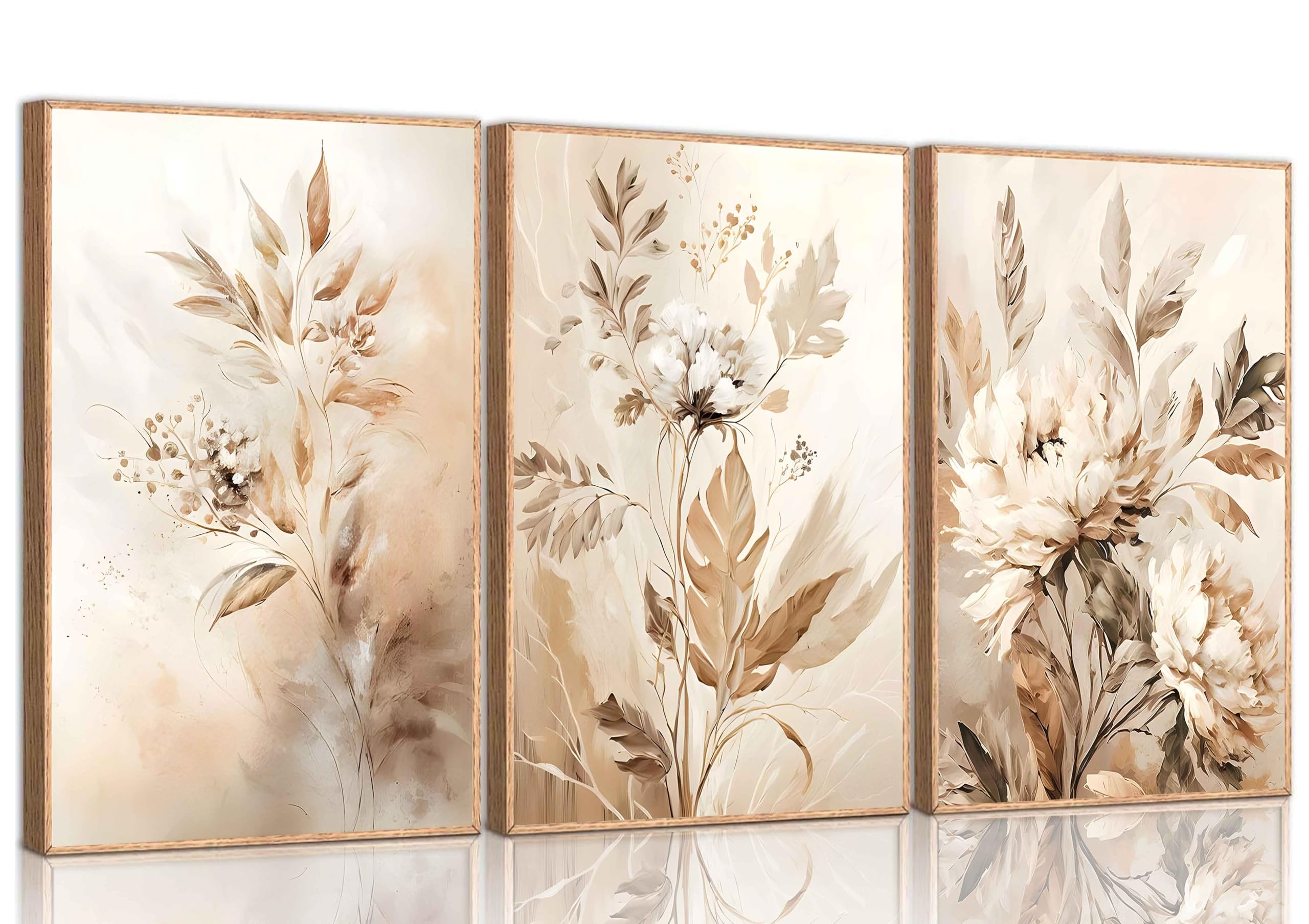 3 Pcs Beige Neutral Flower Canvas Wall Art Wildflowers Floral Botanical Painting Picture Wall Decor Poster Print Artwork For Bed