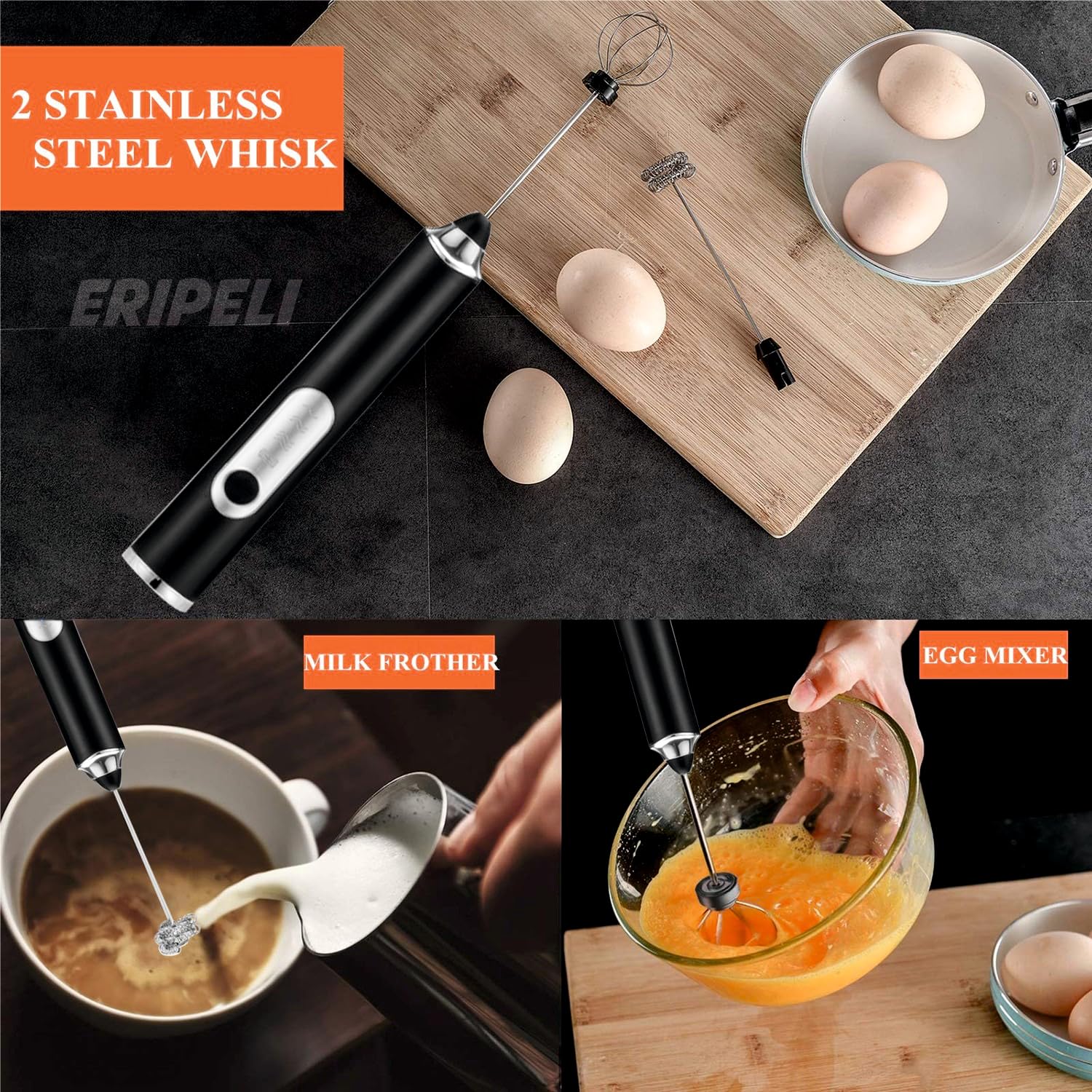 Eripeli Hand Blender Coffee Frother Milk Frother Usb Rechargeable Electric Foam Maker For Cappuccino Whisker Egg Beater, Black