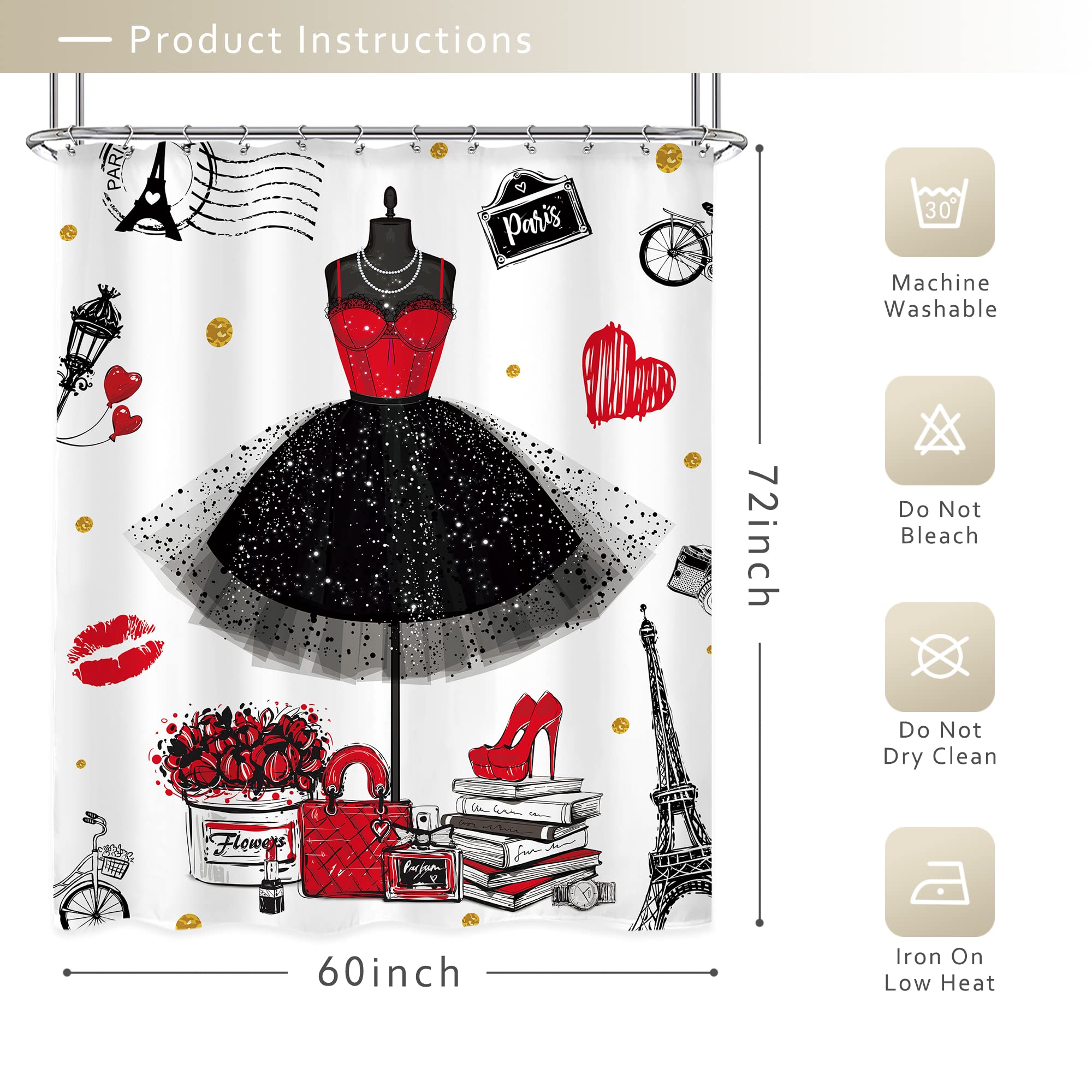 Riyidecor Girly Dresses Fashion Shower Curtain 60Wx72H Inch Women Black and Red Skirt Perfume Bottles Paris Tower Modern Bathroom Decor Fabric Polyester Waterproof 12 Pack Hooks