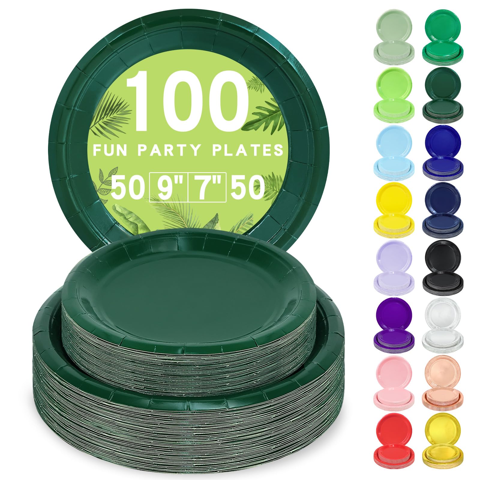 LANLISA 100 Dark Green Paper Plates Set Includes 50-9 & 50-7 Disposable Dessert Cake Paper Plates For Party Supplies