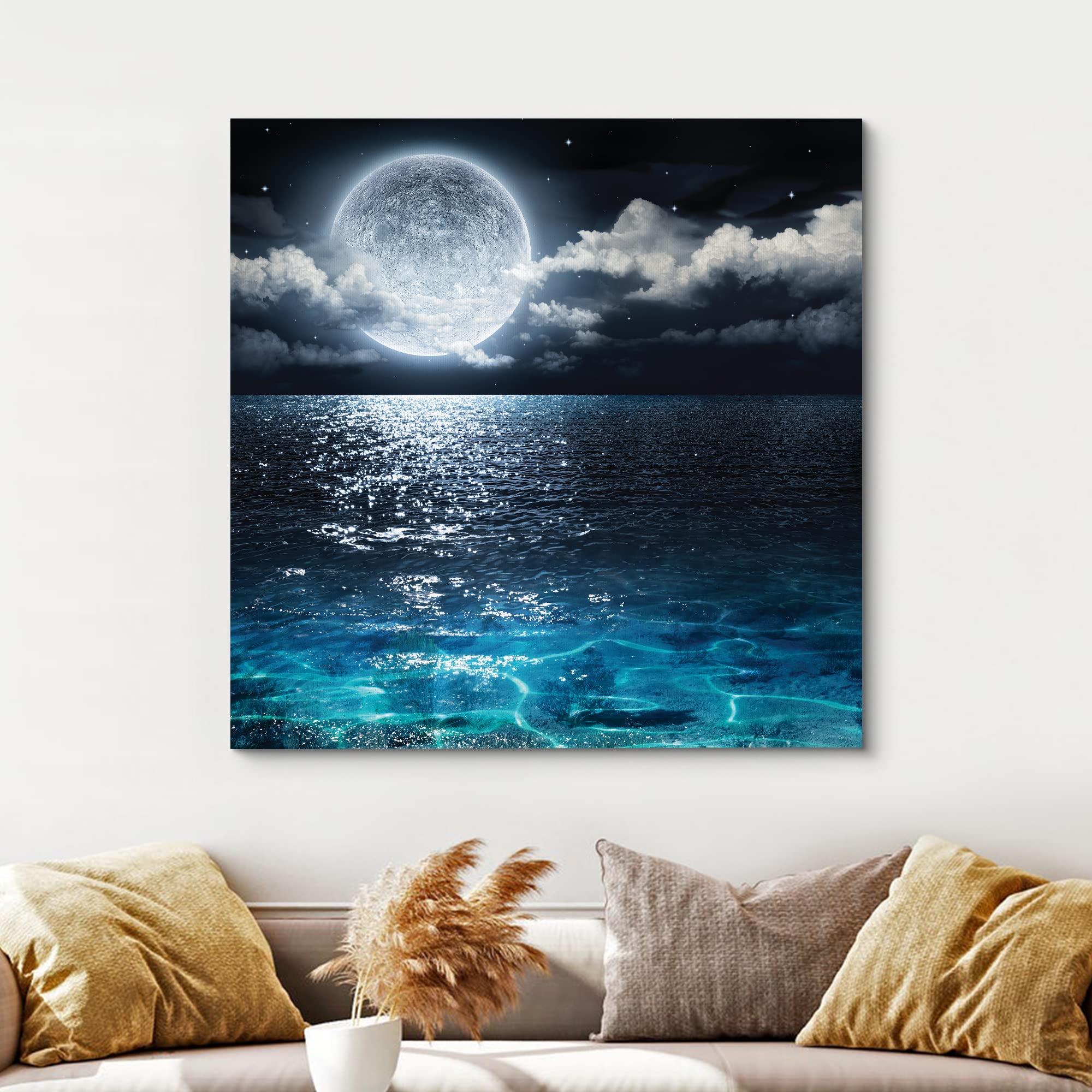 wall26 Canvas Print - Mystic Full Moon Ocean Art - 12"x12" - Colorful Digital Art for Living Room, Bedroom, Office - Model CVS-SPACE-03162016-022