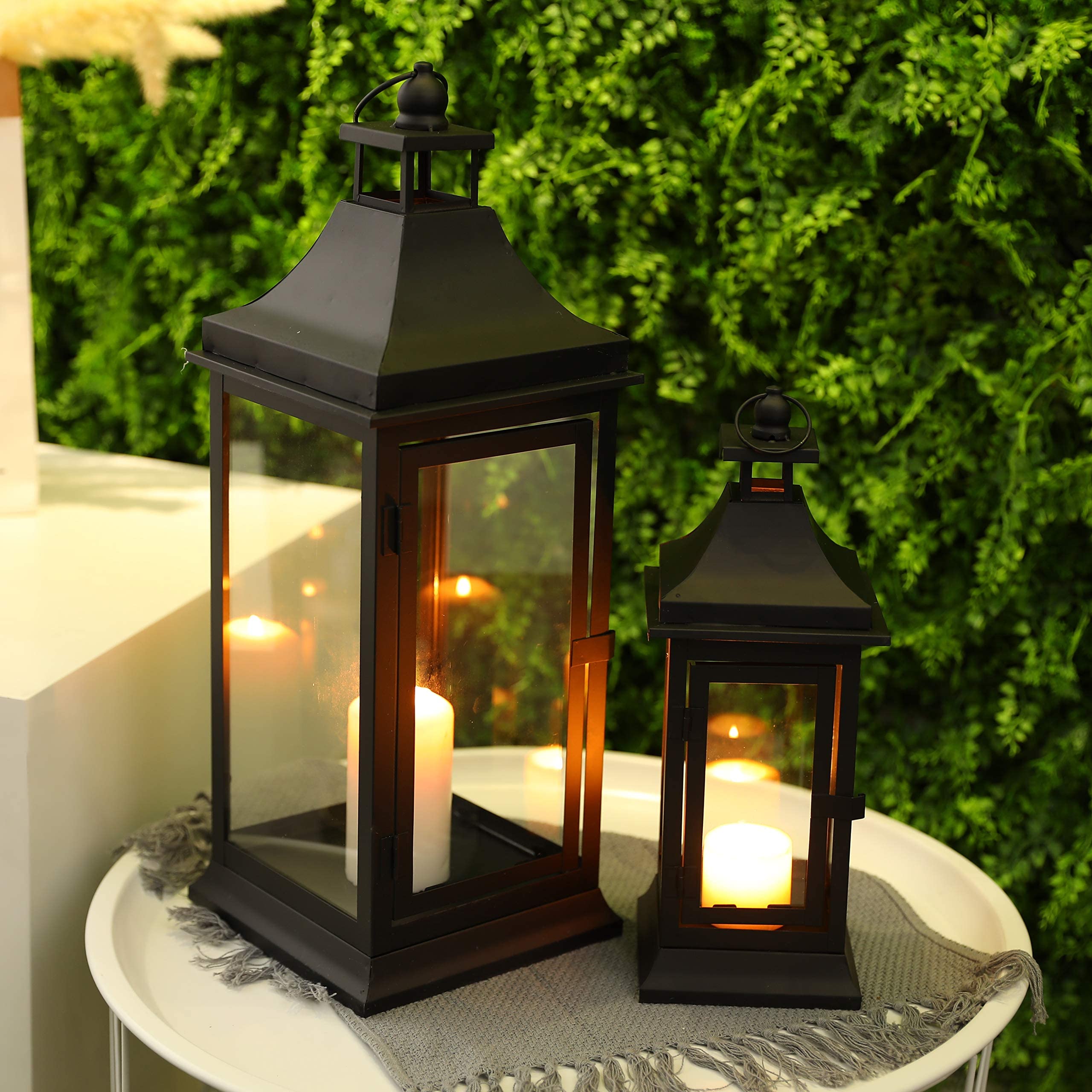 JHY DESIgN Set of 2 13&195Tall Outdoor candle Lanterns Vintage Hanging Tower Lantern Metal candle Holder for garden Living Room Indoor Outdoor Parties Weddings Balcony(Black)