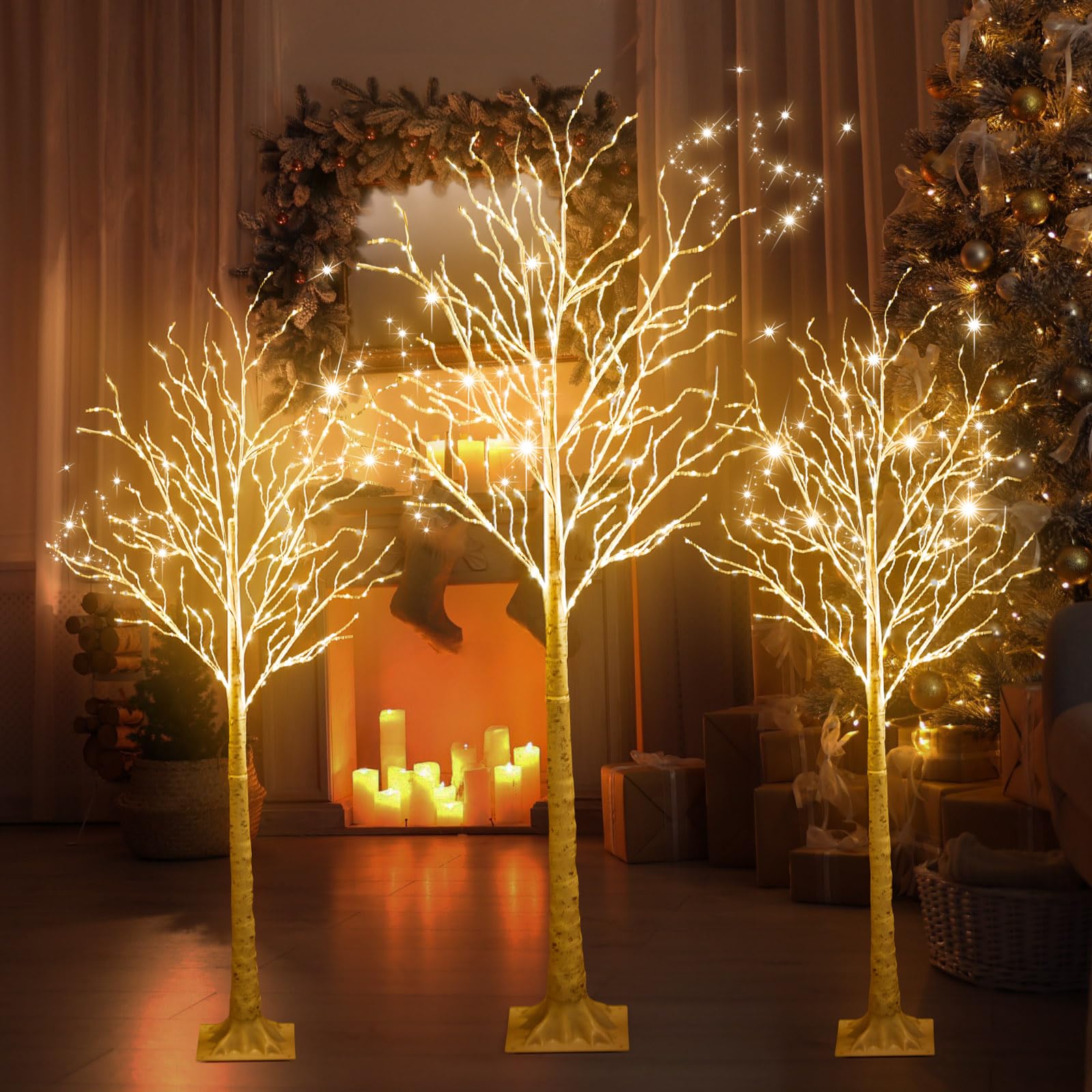 Aurelema 3 Pcs 4ft 6ft Lighted Birch Tree 8 Modes Christmas Artificial LED Warm White Lights Birch Tree for Indoor and Outdoor H