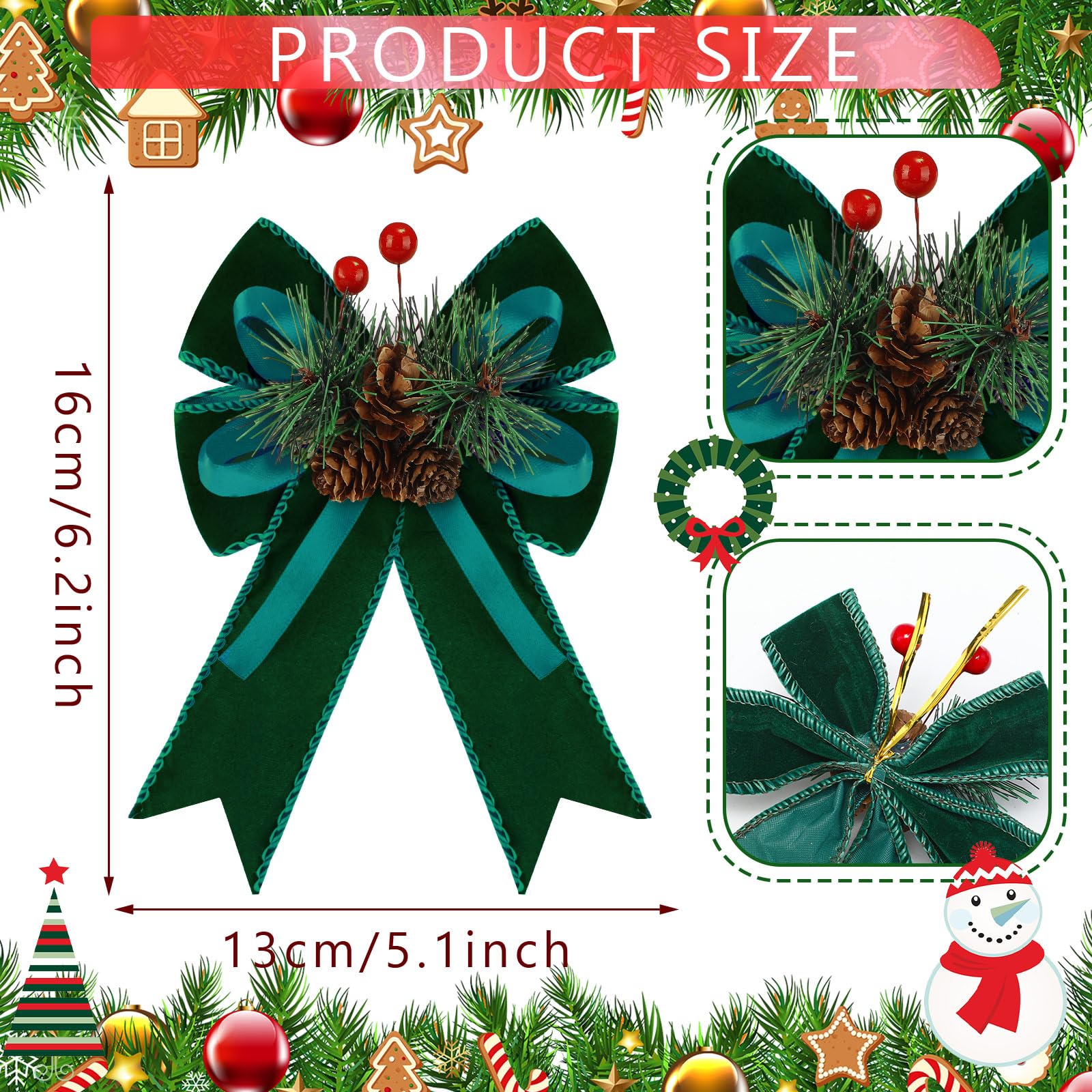 Syhood 6 Pcs Christmas Velvet Bow with Pine Cones Pine Needles Berries Xmas Dark Green Ribbon Bow Ornaments 6.3 x 5.1 Inch for C