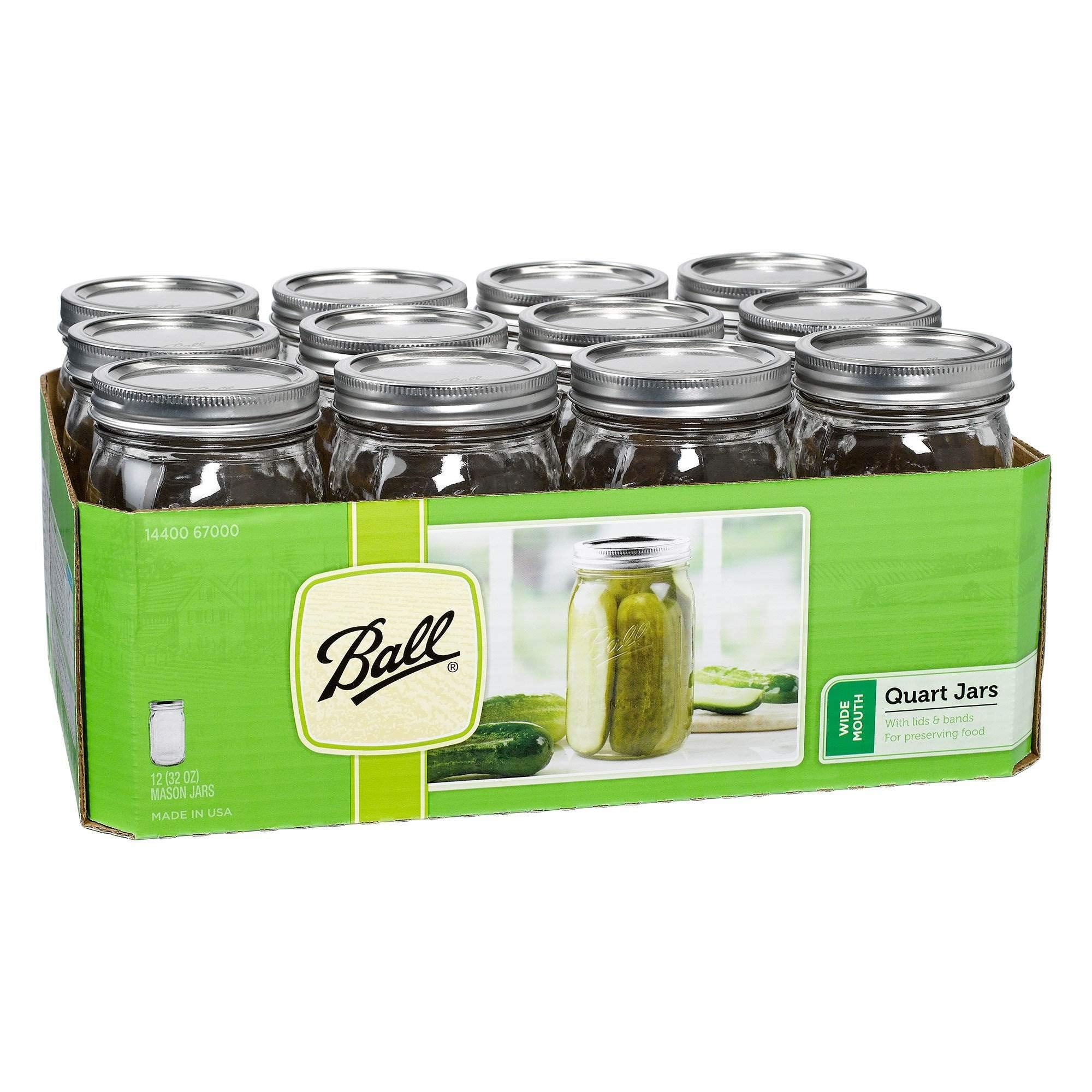 Ball Wide Mouth Clear Glass Canning Quart 32 Oz Mason Jars With Lids, 12 Pack