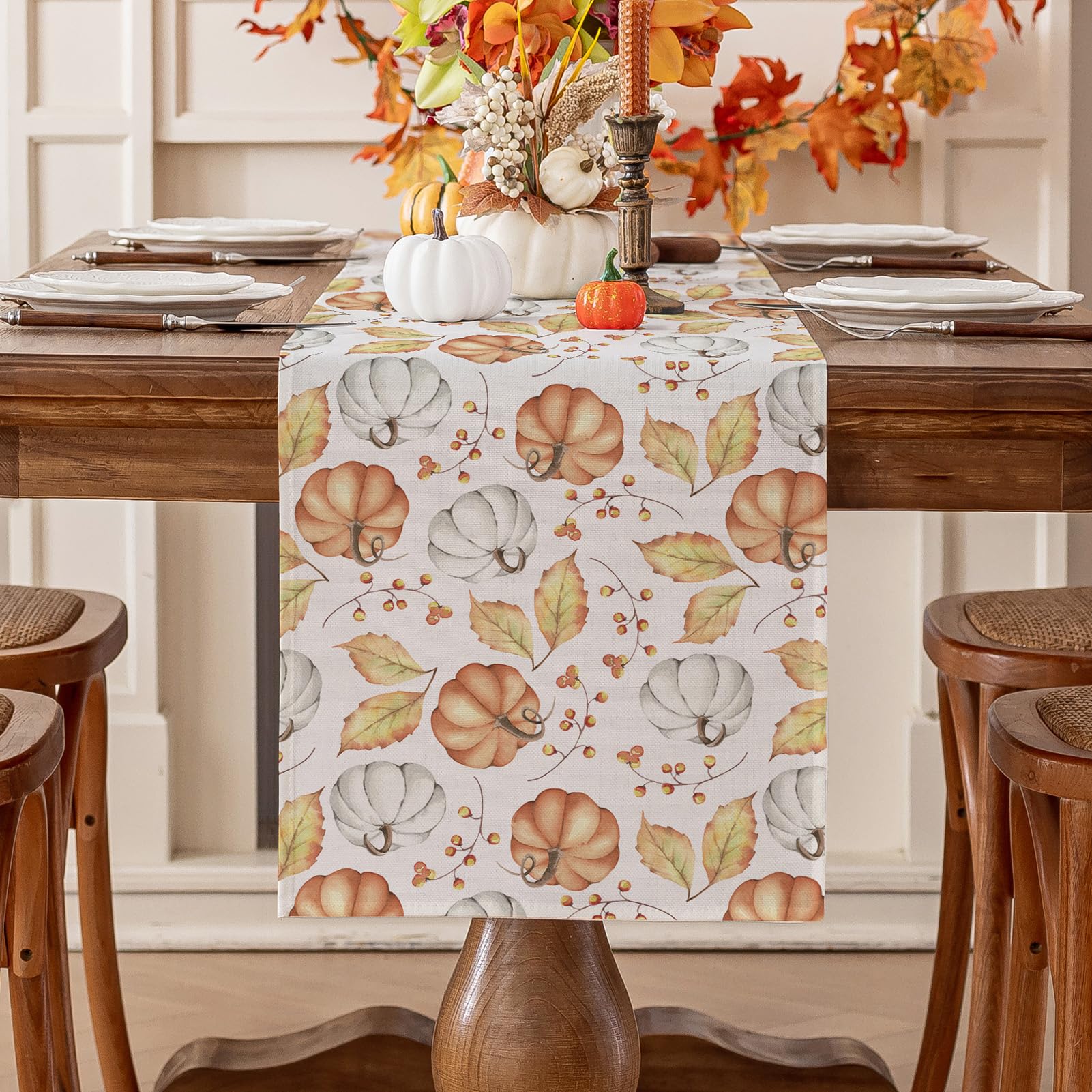 Romanstile Orange Pumpkin Fall Table Runner 13 x 72 Inch, Autumn Thanksgiving Harvest Farmhouse Style Table Decoration for Dinin