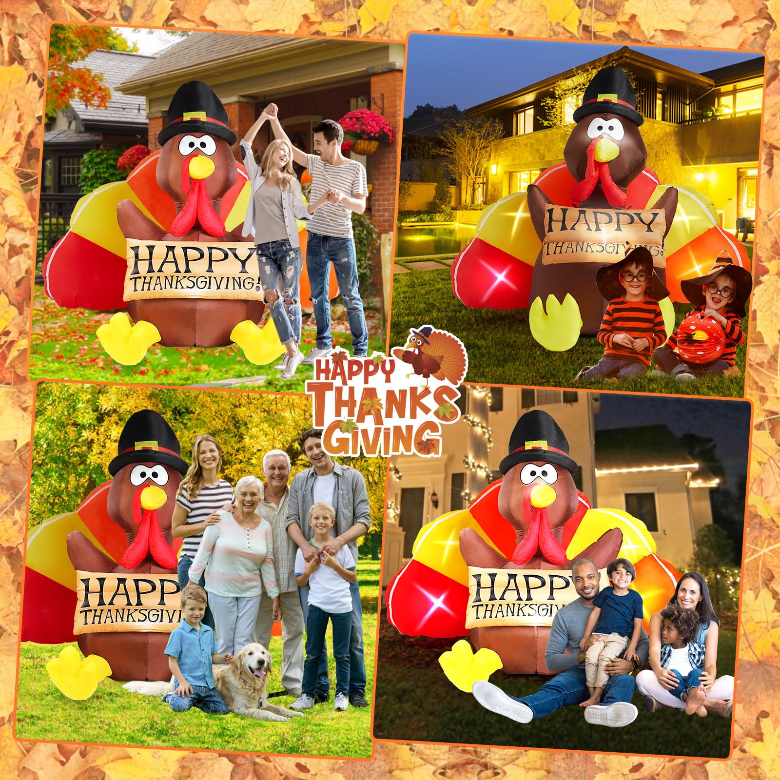 Danxilu 6FT Thanksgiving Inflatables Outdoor Decorations, Inflatable Turkey Family with Turkeys Baby Built-in LEDs Blow up Yard
