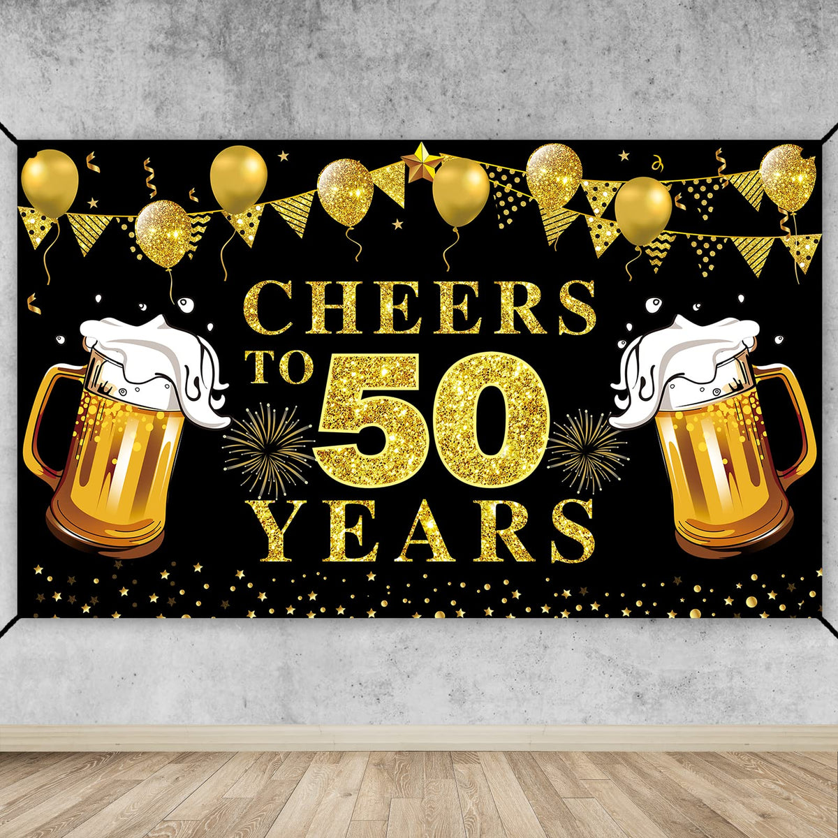 Lnlofen Cheers To 50 Years Banner Backdrop, Black Gold Happy 50Th Birthday Decorations, 50 Anniversary Banner Poster Sign Party
