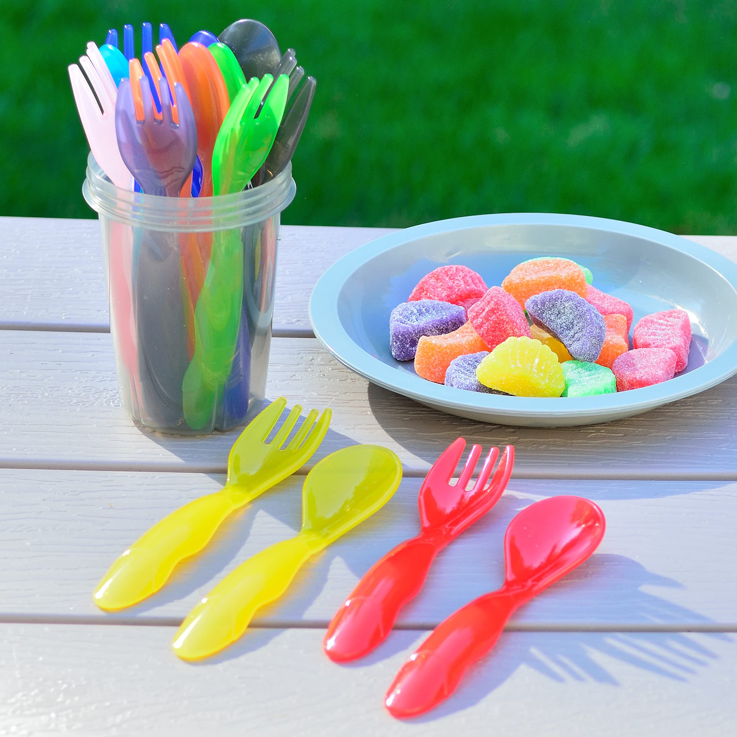 Youngever 18 Pcs Plastic Toddler Utensils, Plastic Kids Forks Kids Spoons, Large Size, Top Dishwasher Safe, Set of 9 in 9 Rainbo