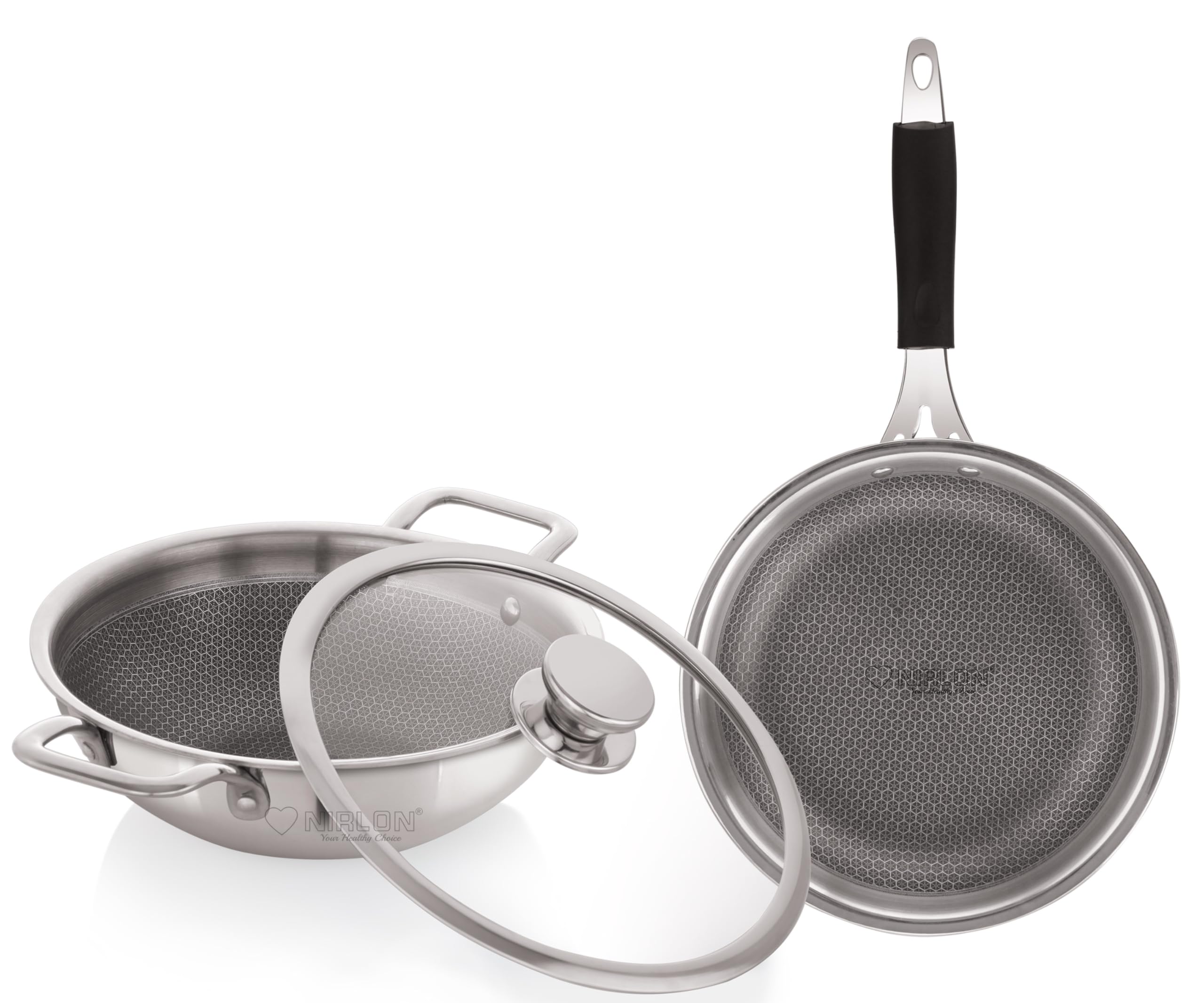 Nirlon Prima Honeycomb Stick Free Triply Stainless Steel Cookware Combo Set Of 2Pc |Fry Pan 24Cm/Deep Kadai 24Cm-2.6Ltr|Glass Li