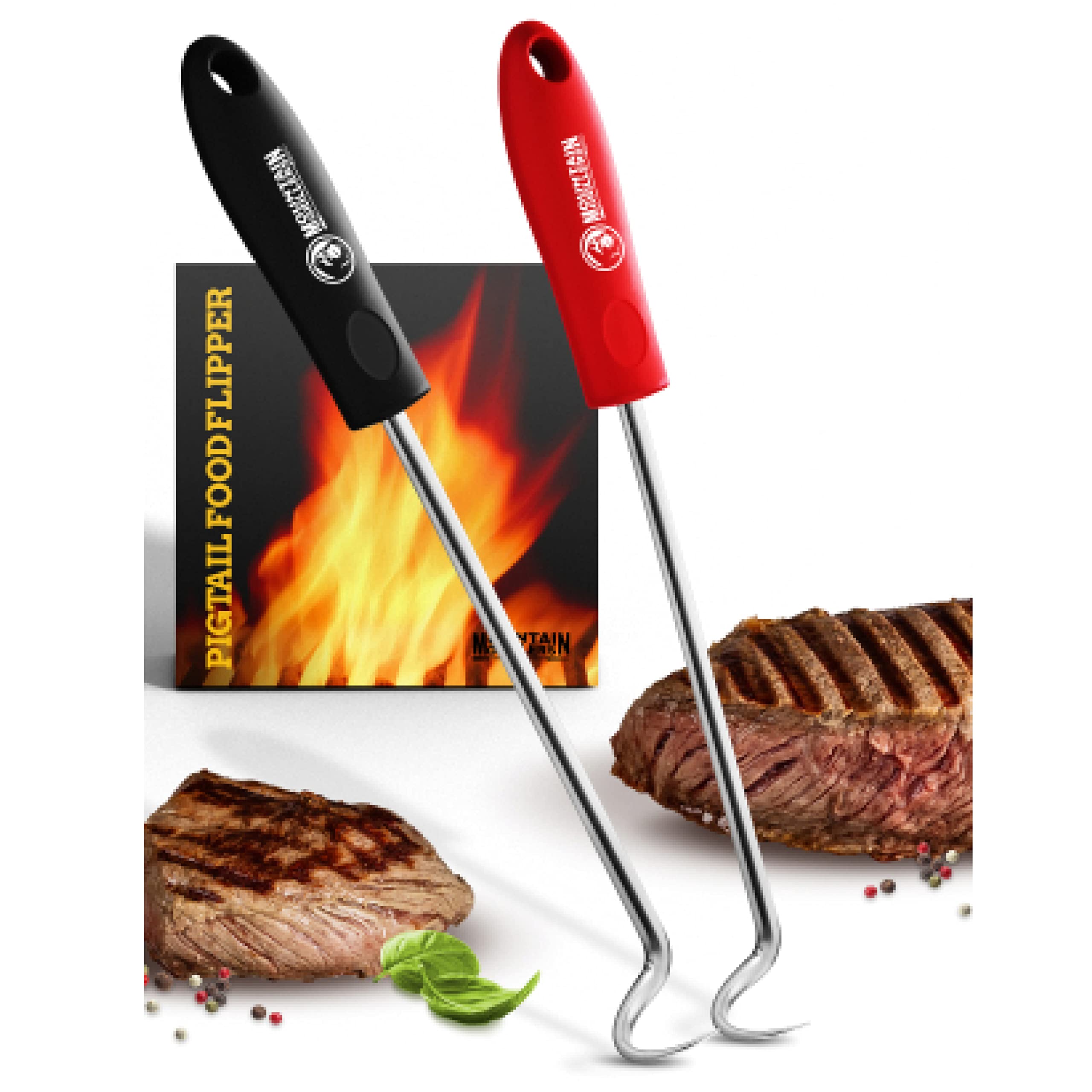 Pigtail Food Flipper Set - 17 & 12 Inch Meat Hooks & Turners With Steel Shafts & Color Coded Handles - Use In Place Of Tongs, Sp