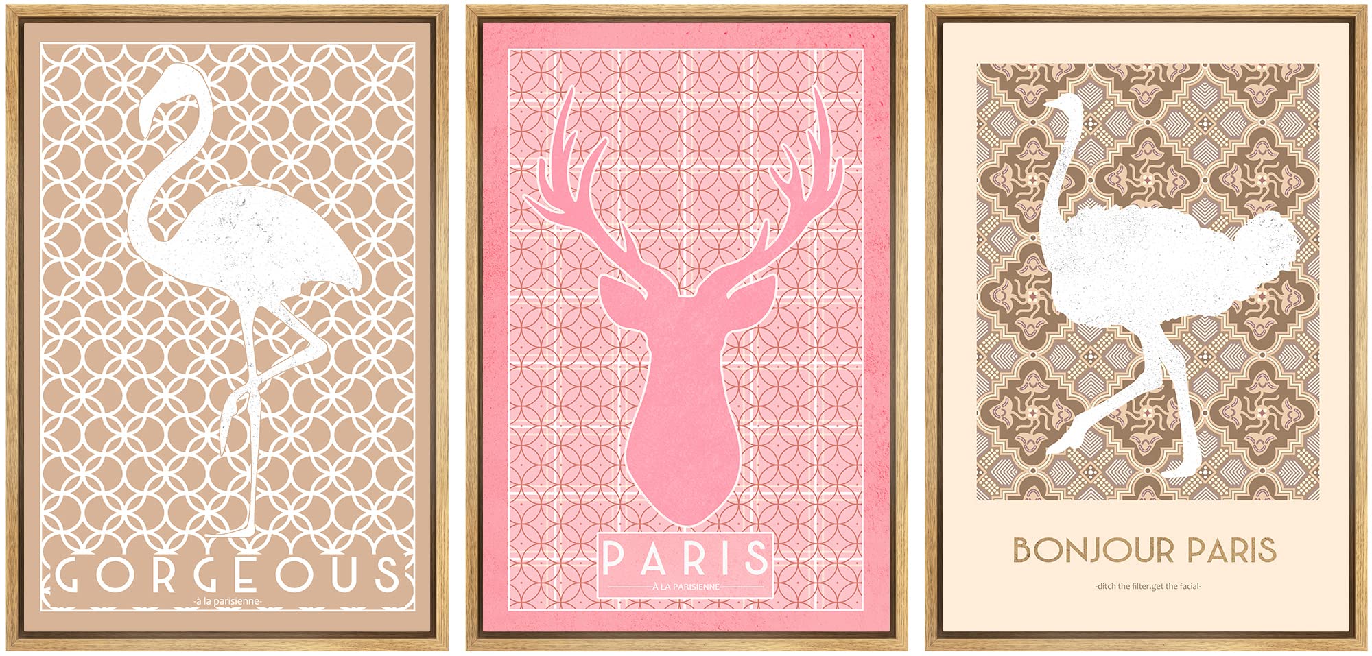 Signwin Framed Canvas Print Wall Art Set Paris Deer, Flamingo, Ostrich Pattern Nature Animals Illustrations Modern Art Rustic Gr