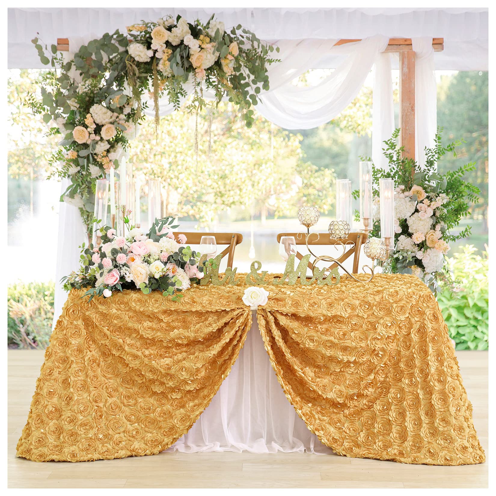 Fanqisi Rosette Tablecloth 50X102 Inches Gold Rectangle 3D Floral Satin Raised Tablecloth For Birthday Baby Shower Wedding Party