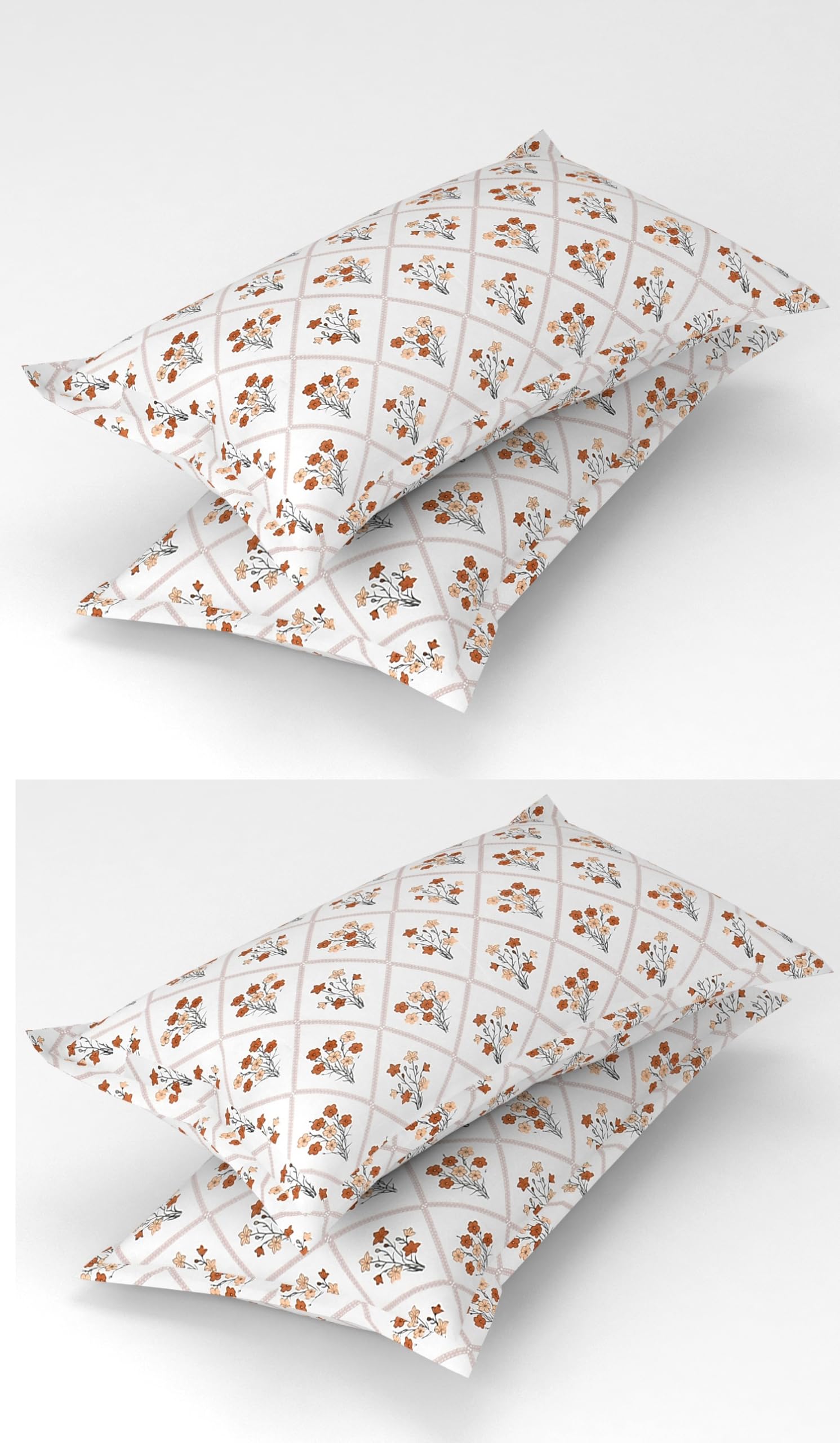 Homefab India 4 Piece Printed Glace Cotton Pillow Covers - Beige, Floral
