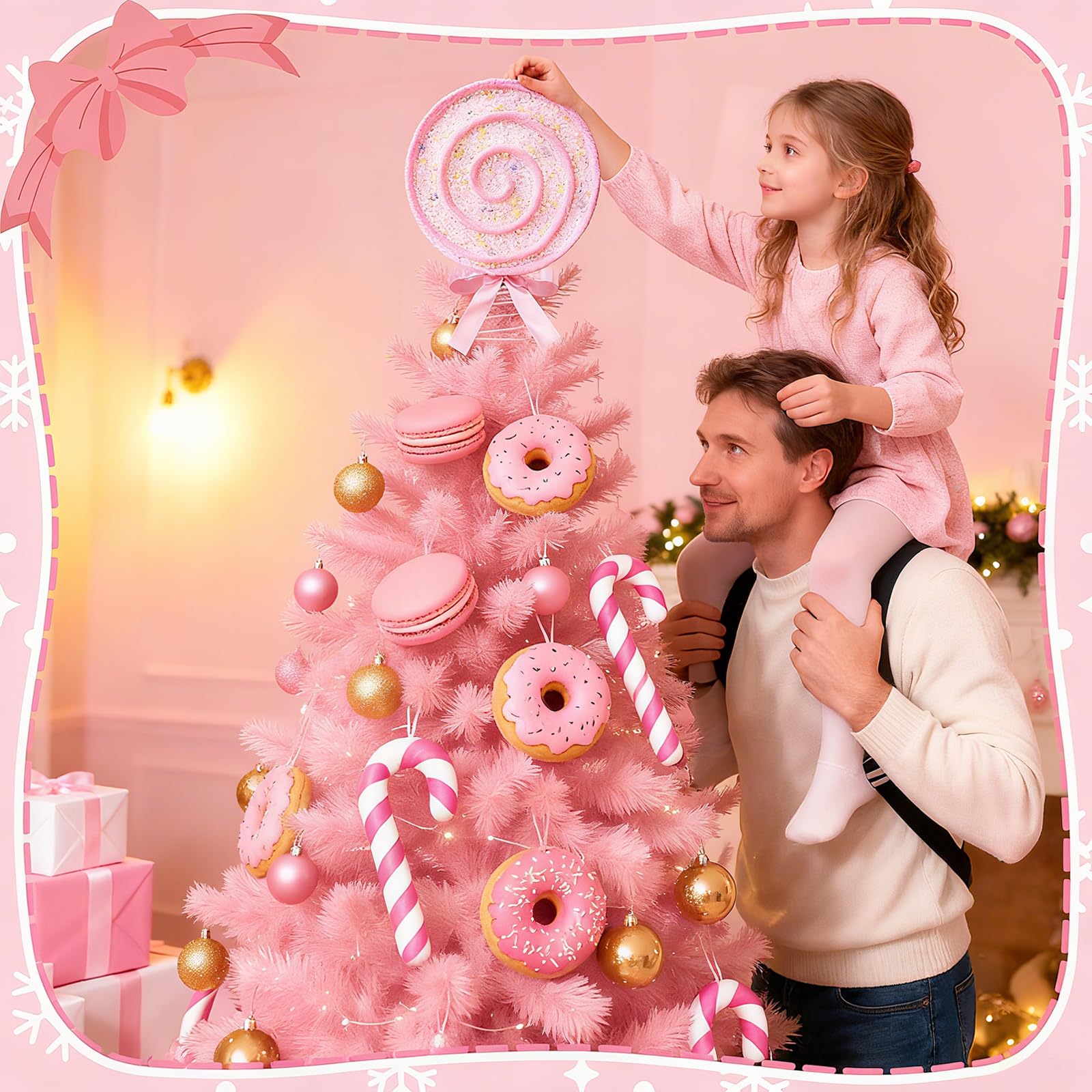 APUDWN Christmas Tree Topper Pastel Lollipop Christmas Tree Topper with Pink Bow 7.87 inch Sparkling Candy Cane Treetop Decorati