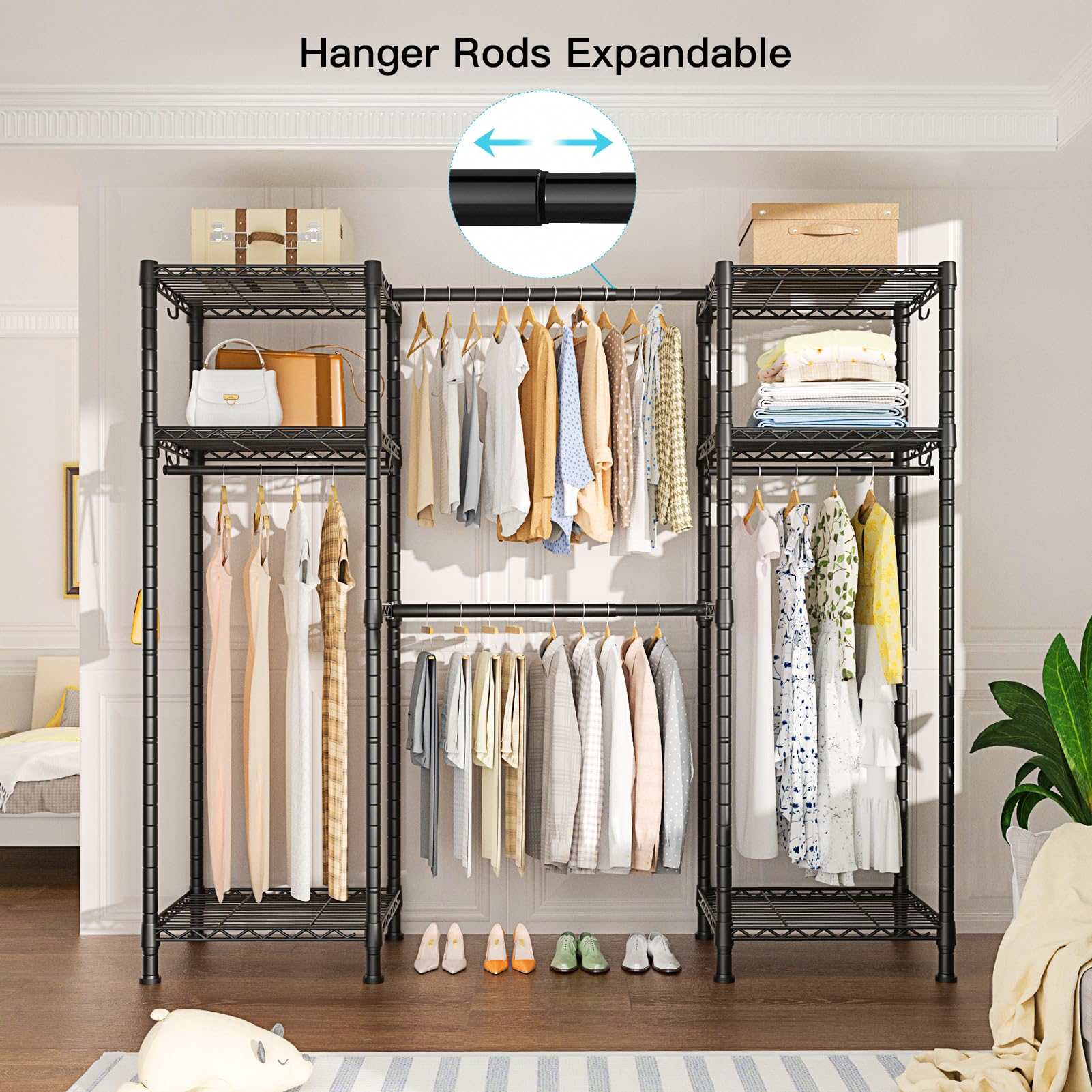 Ulif E7 Garment Rack, Heavy Duty Clothes Storage System With Extendable Hangers Rods, Metal Clothe Rack With 6 Wire Shelves, (52