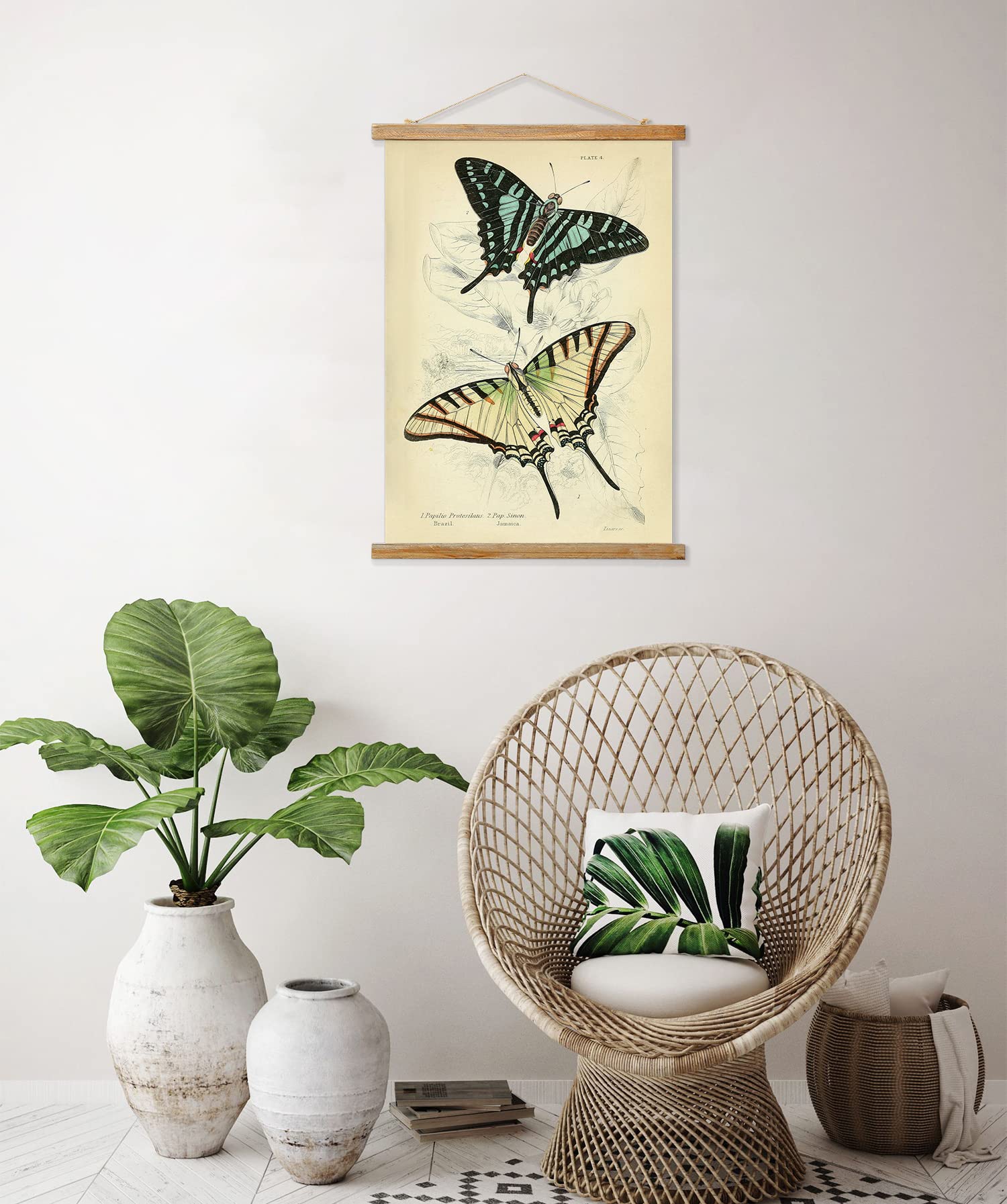 Retro Butterfly Poster Hanger Frame, Retro Style Wall Art Prints, Printed On Linen With Natural Wooden Frames, For Living Room O