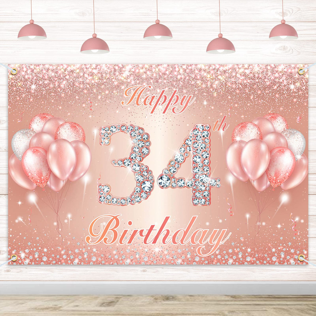 Happy 34Th Birthday Banner Backdrop - 34 Birthday Party Decorations Supplies For Women Or Men - Rose Gold 4 X 6Ft