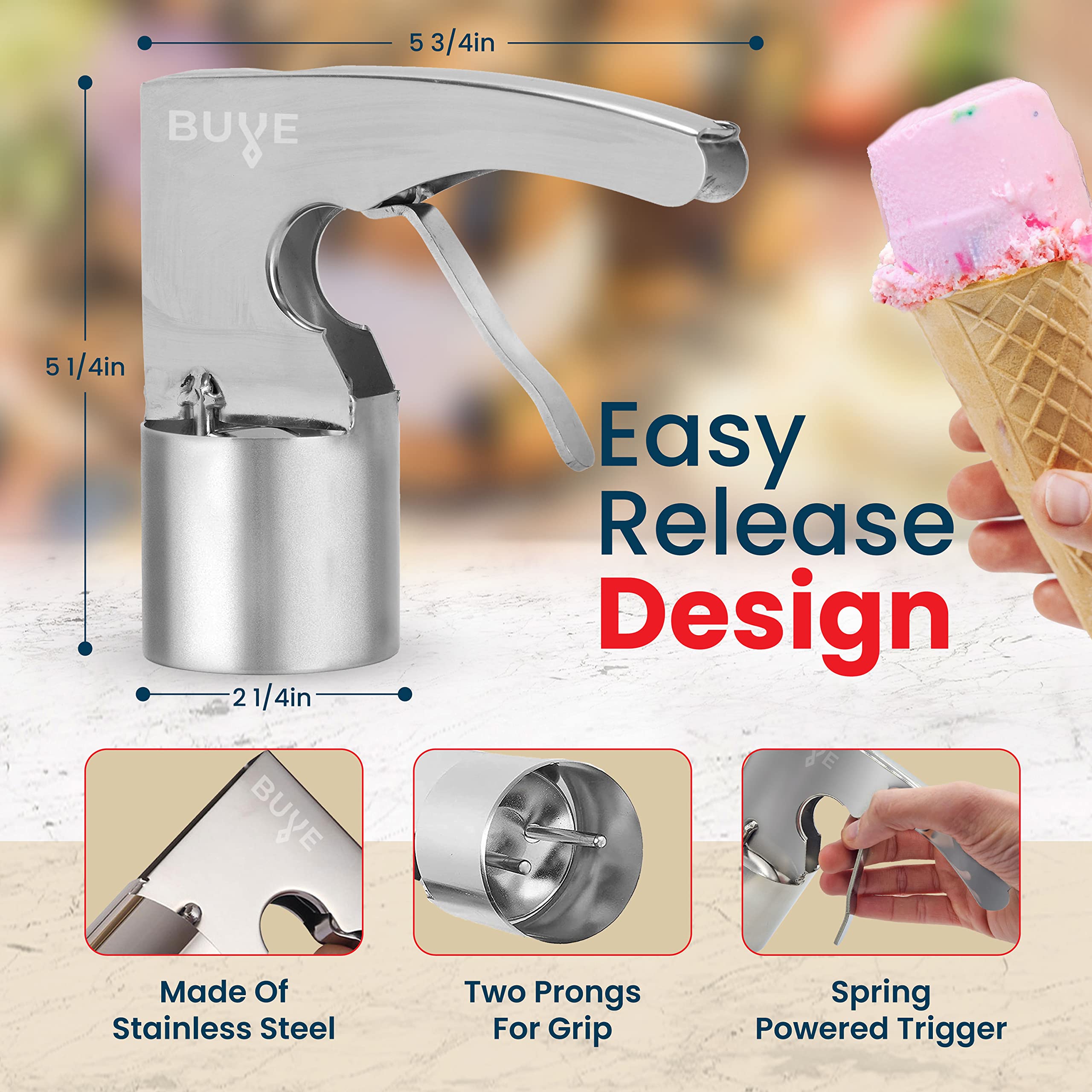 Ice Cream Scoop - Stainless Steel, Old Time Cylindrical Design With Spring-Powered Trigger For Easy Release | Easy To Clean | Bi