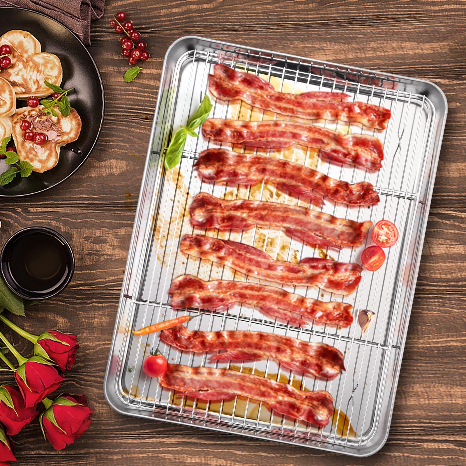 Baking Sheet With Rack Set, E-Far 16   X12    Stainless Steel Cookie Sheet Pan For Oven, Rimmed Metal Tray With Wire Cooling Rac