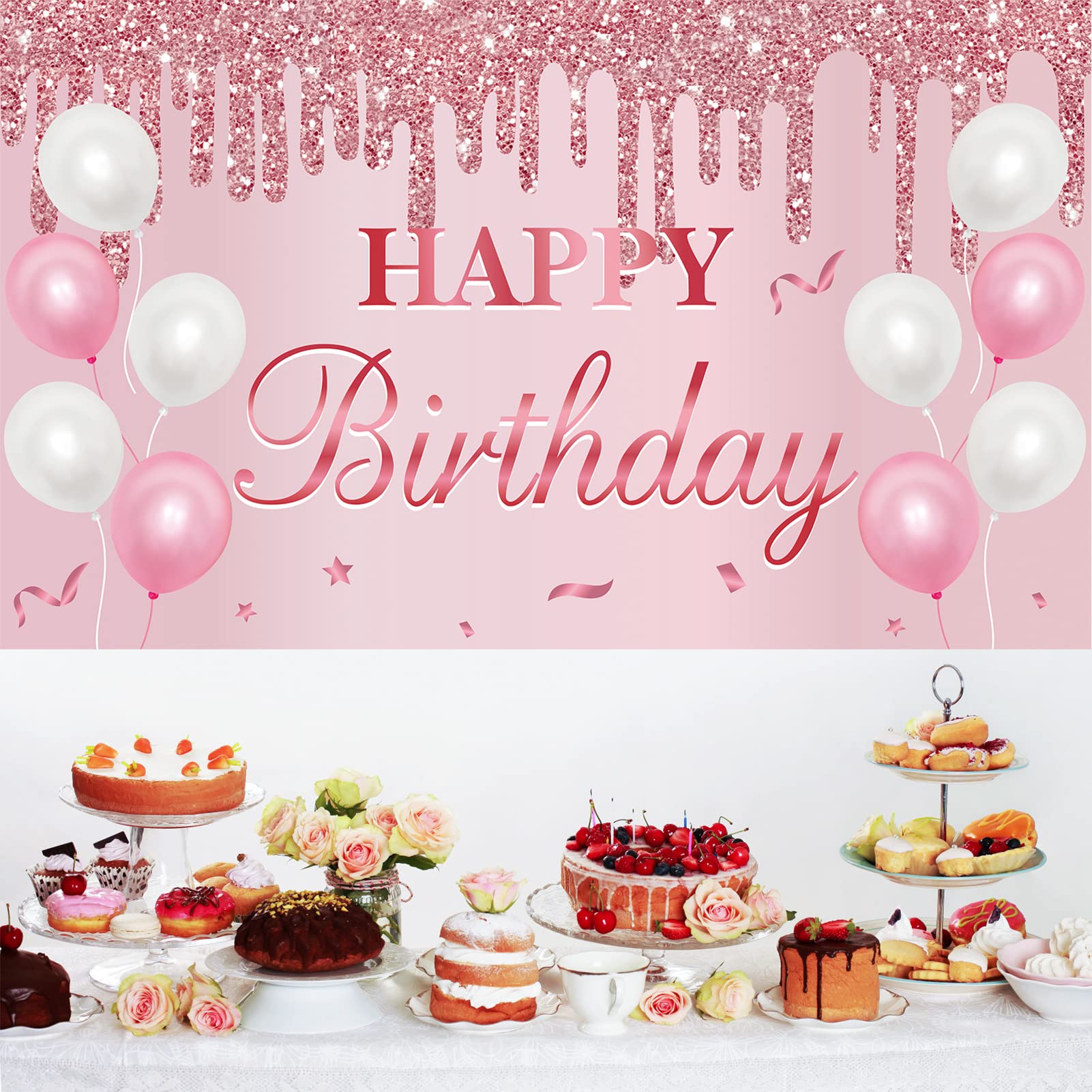 Uiorgui Pink Birthday Banner For Women Girls, Happy Birthday Banner Backdrop Pink Birthday Decorations Sign Party Supplies