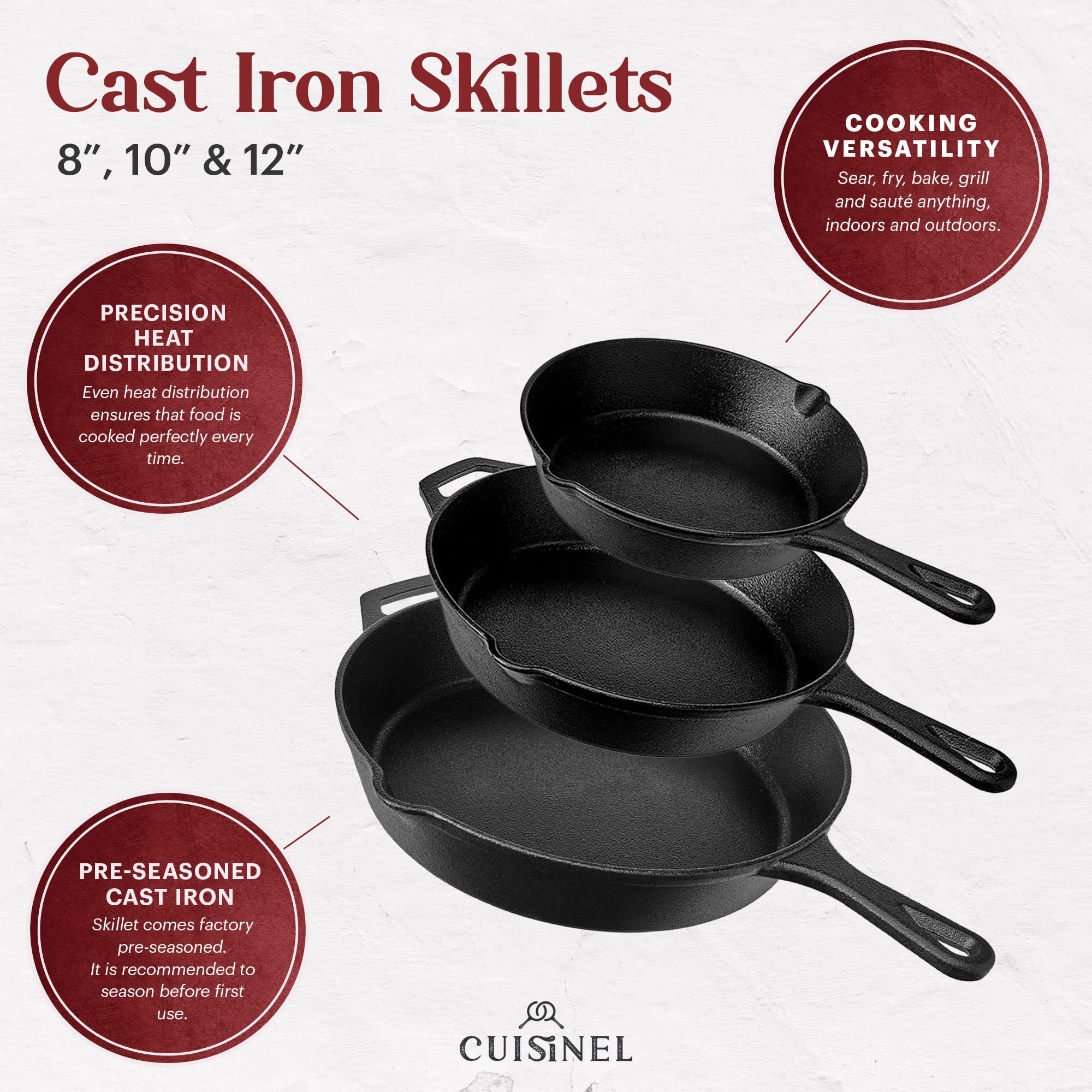 Cuisinel Cast Iron Skillet Set - 8 + 10 + 12-Inch Pre-Seasoned Frying Pans + Silicone Handle Grip Covers - Indooroutdoor, Oven,