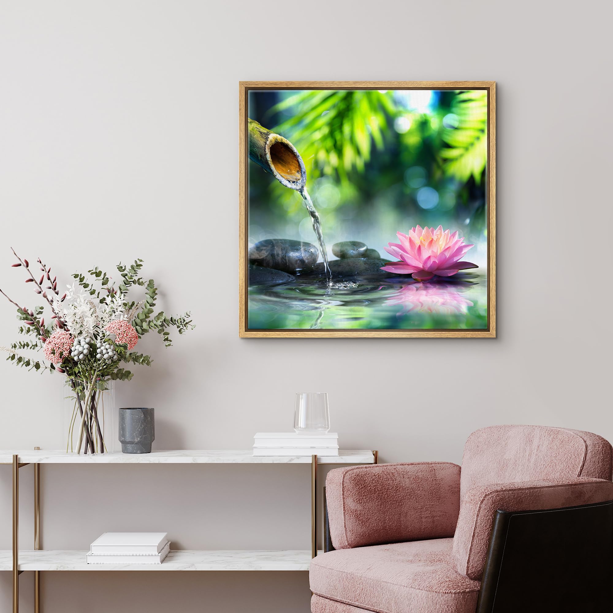 Wall26 Framed Canvas Print Wall Art Zen Garden With Bamboo And Pink Water Lily Floral Nature Digital Art Modern Art Rustic Relax