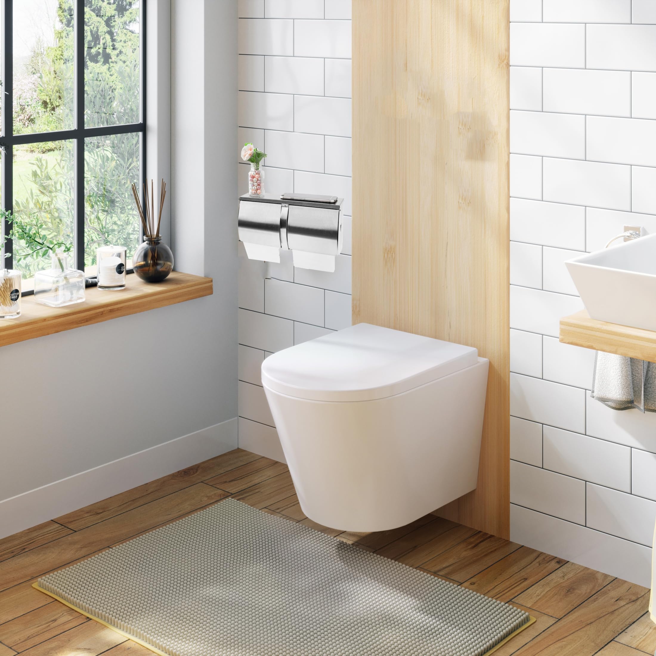 Desyeryamimi Double Roll Toilet Paper Holder Dispenser With Shelf Storage-Commercial 2-Roll Side By Side Stainless Steel Toilet