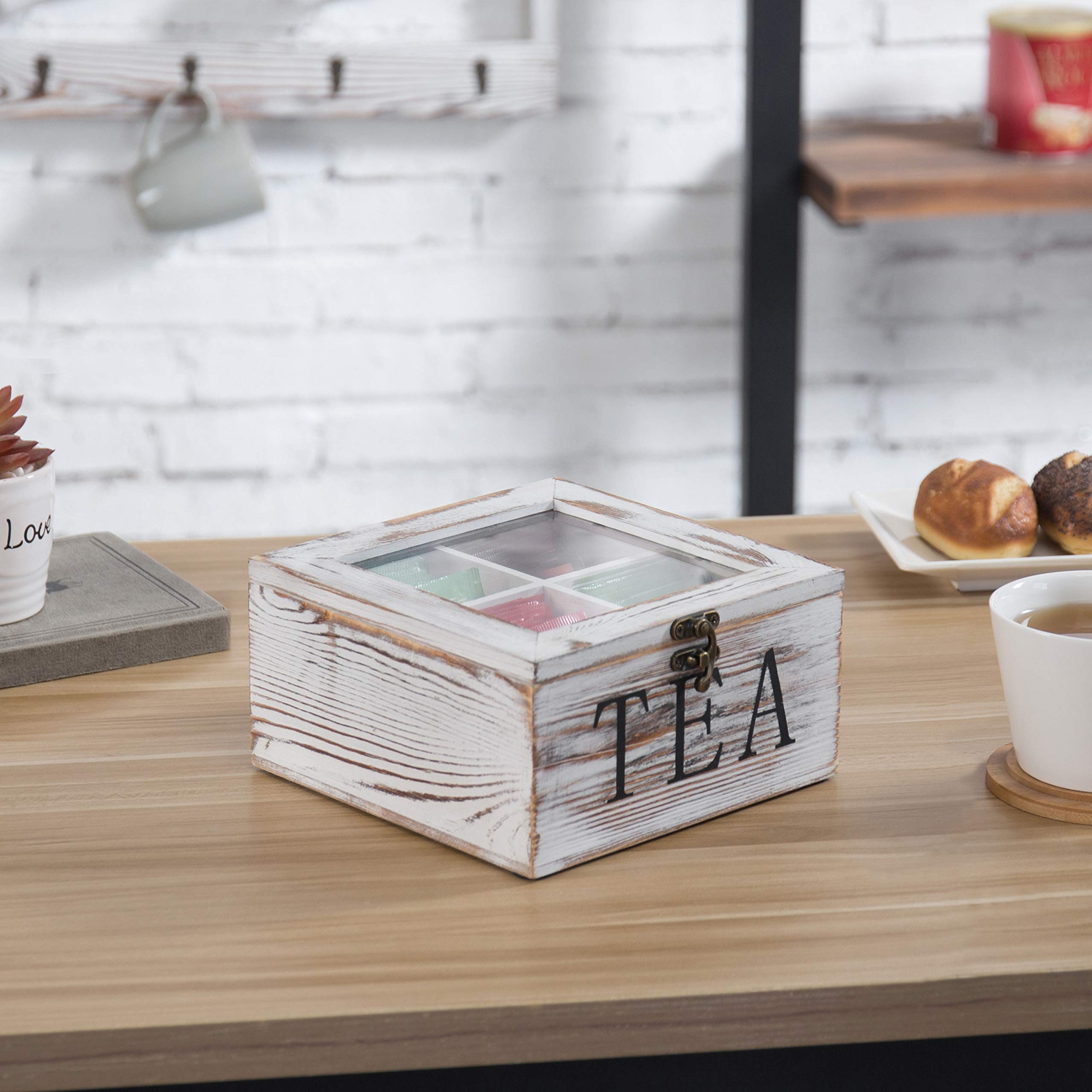 Mygift Shabby Whitewashed Solid Wood Tea Box Organizer With 4 Compartments, Teabag Storage Chest With Clear Acrylic Lid And Latc