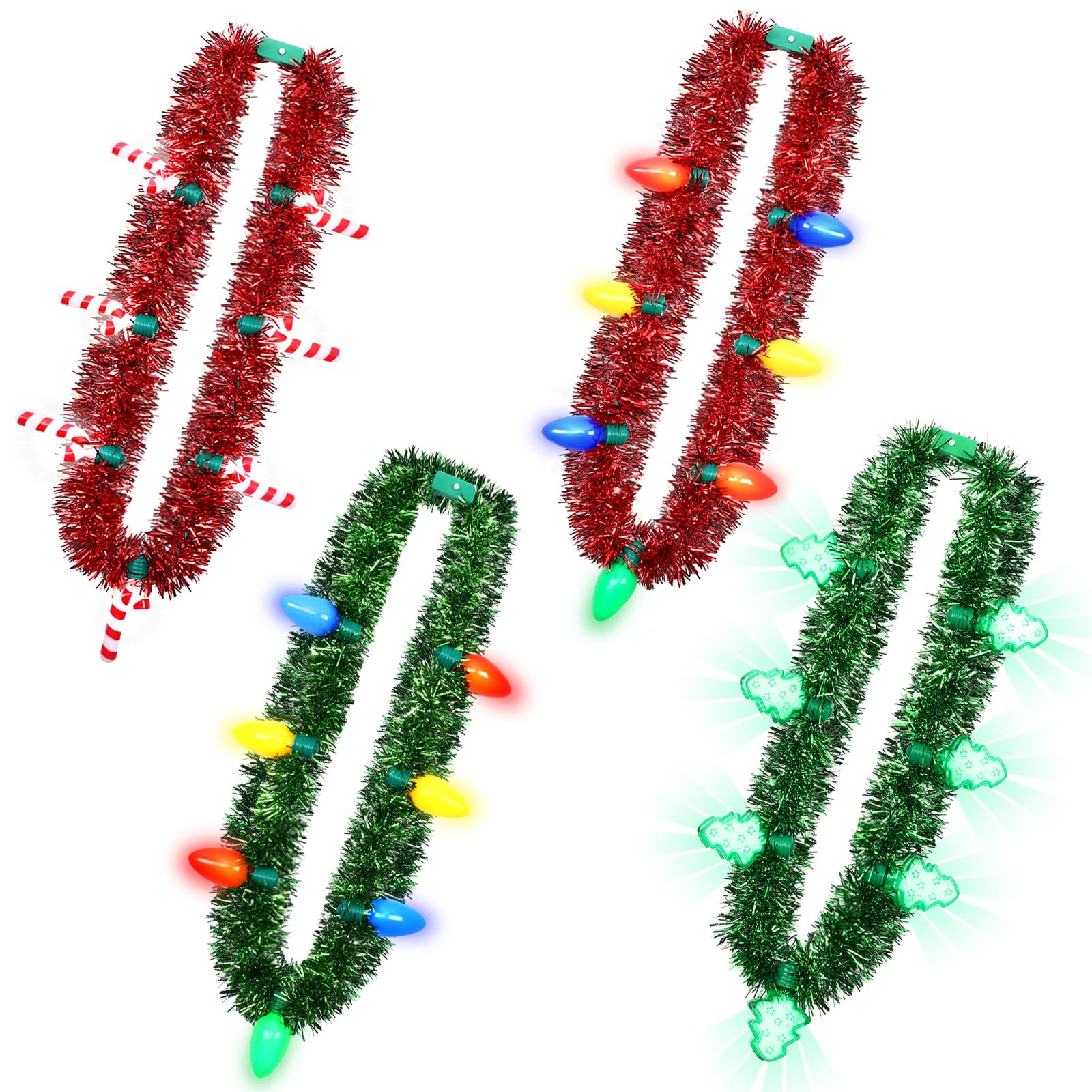 NOVWANG 4PCS Light up Tinsel Garland Necklace, 3D Light Xmas Necklace 6 Dynamic Light Modes Colorful Bulbs Glow Candy Cane Chris