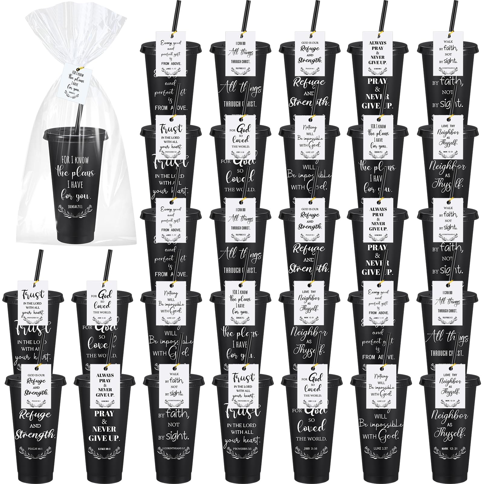 Skylety 100 Sets Christian Gift Tumblers Bulk with Straws Lids, Black