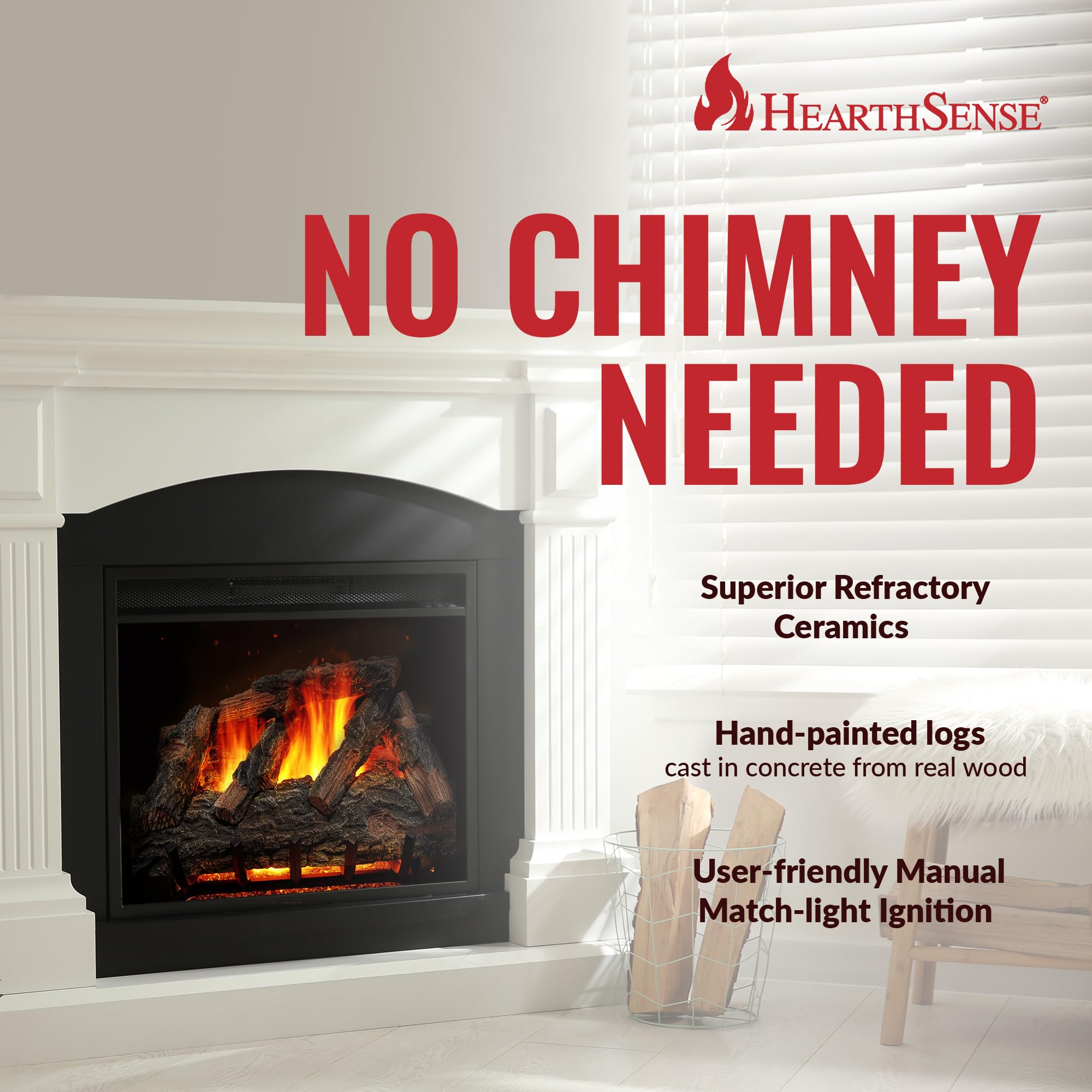 Hearthsense Mo24Hvl Natural Gas Vented Fireplace Logs Set With Match Light, 55000 Btu, Heats Up To 2000 Sq. Ft, Mountain Oak, 24