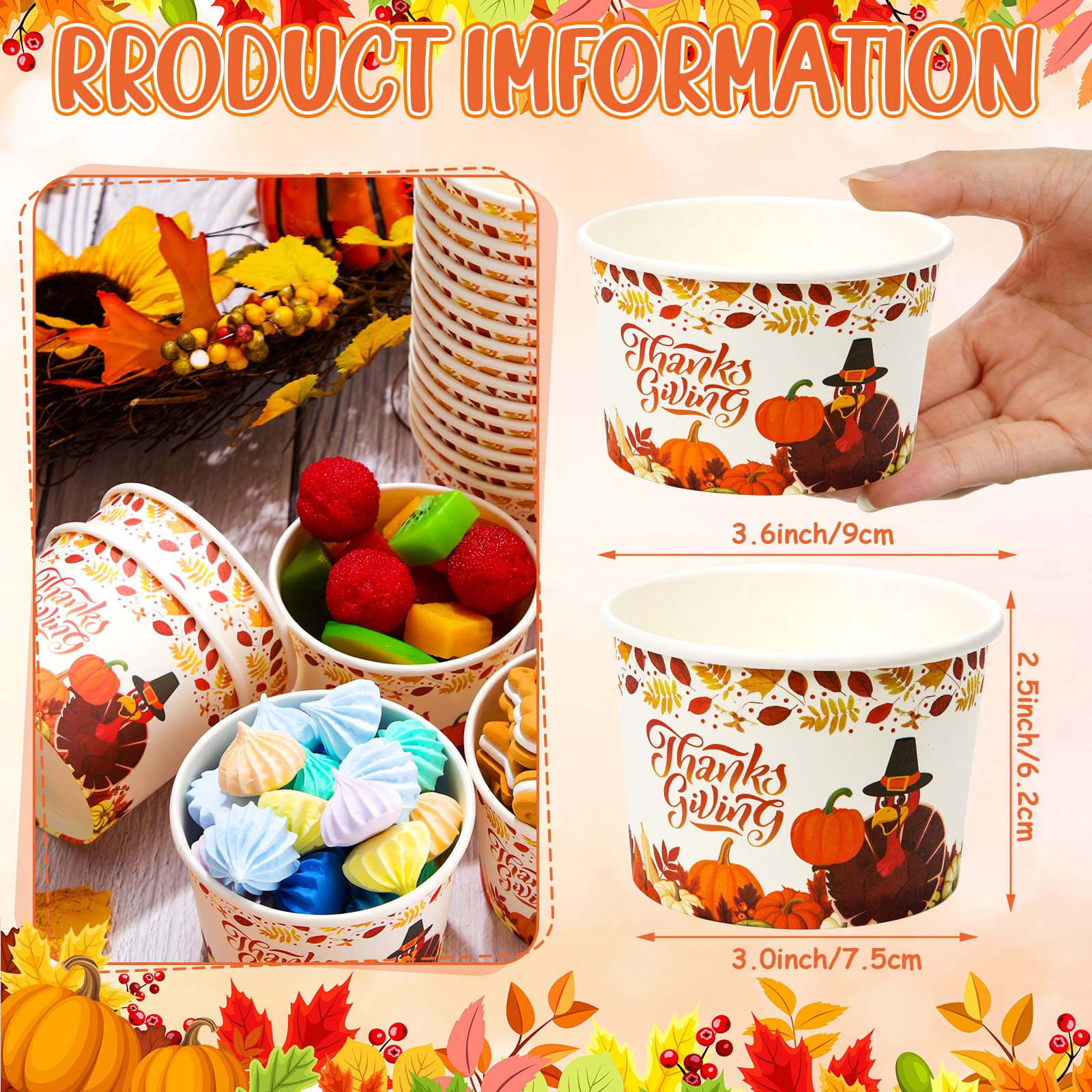 Potchen 50 Pack 9 oz Thanksgiving Day Disposable Paper Cups Fall Themed Disposable Dessert Bowls Paper Snack Cups Paper Soup Cup