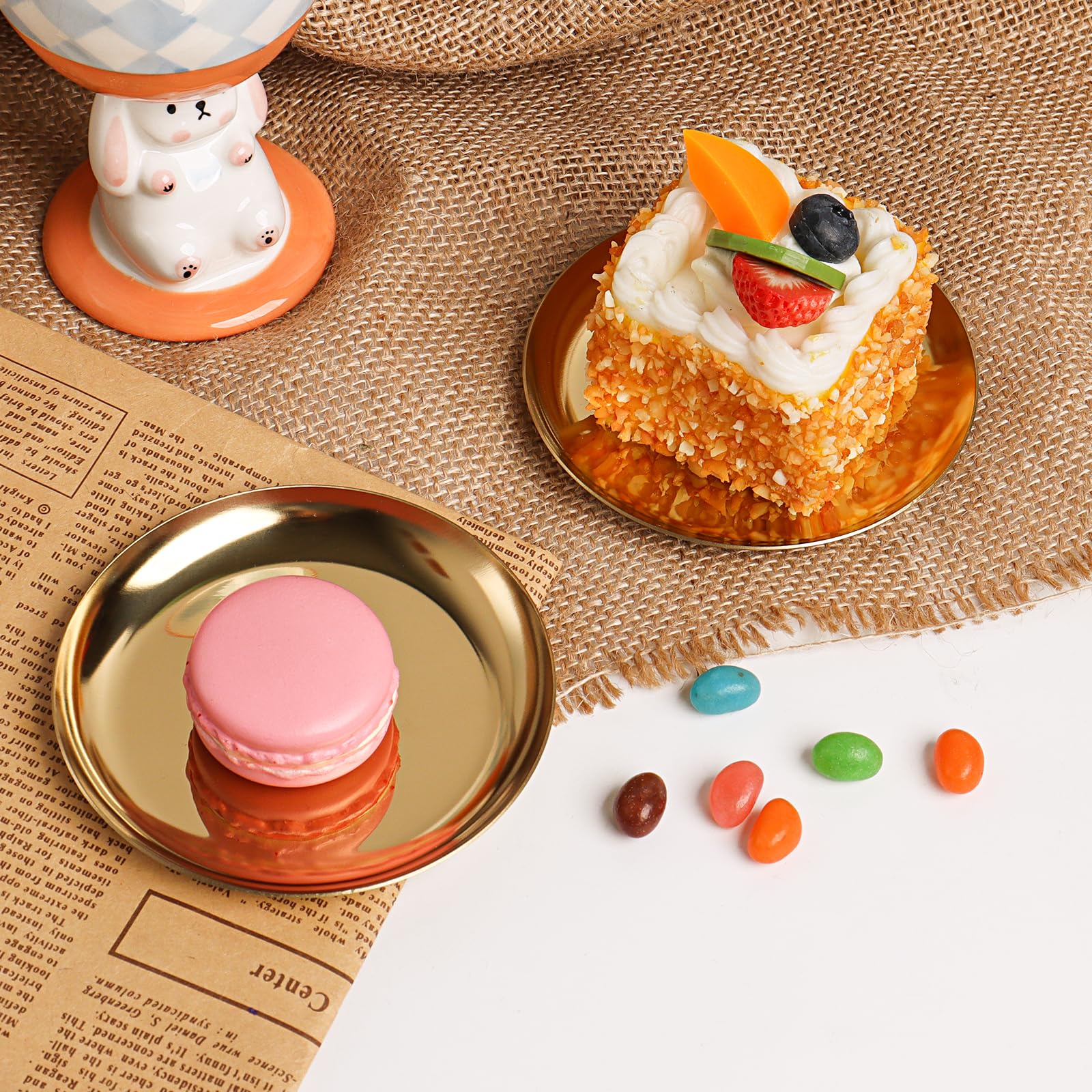 Wexpw 2 Pack Gold Jewelry Dish Plate 4Inch Stainless Steel Small Gold Decorative Jewelry Tray Golden Tray Round Metal Tray Gold