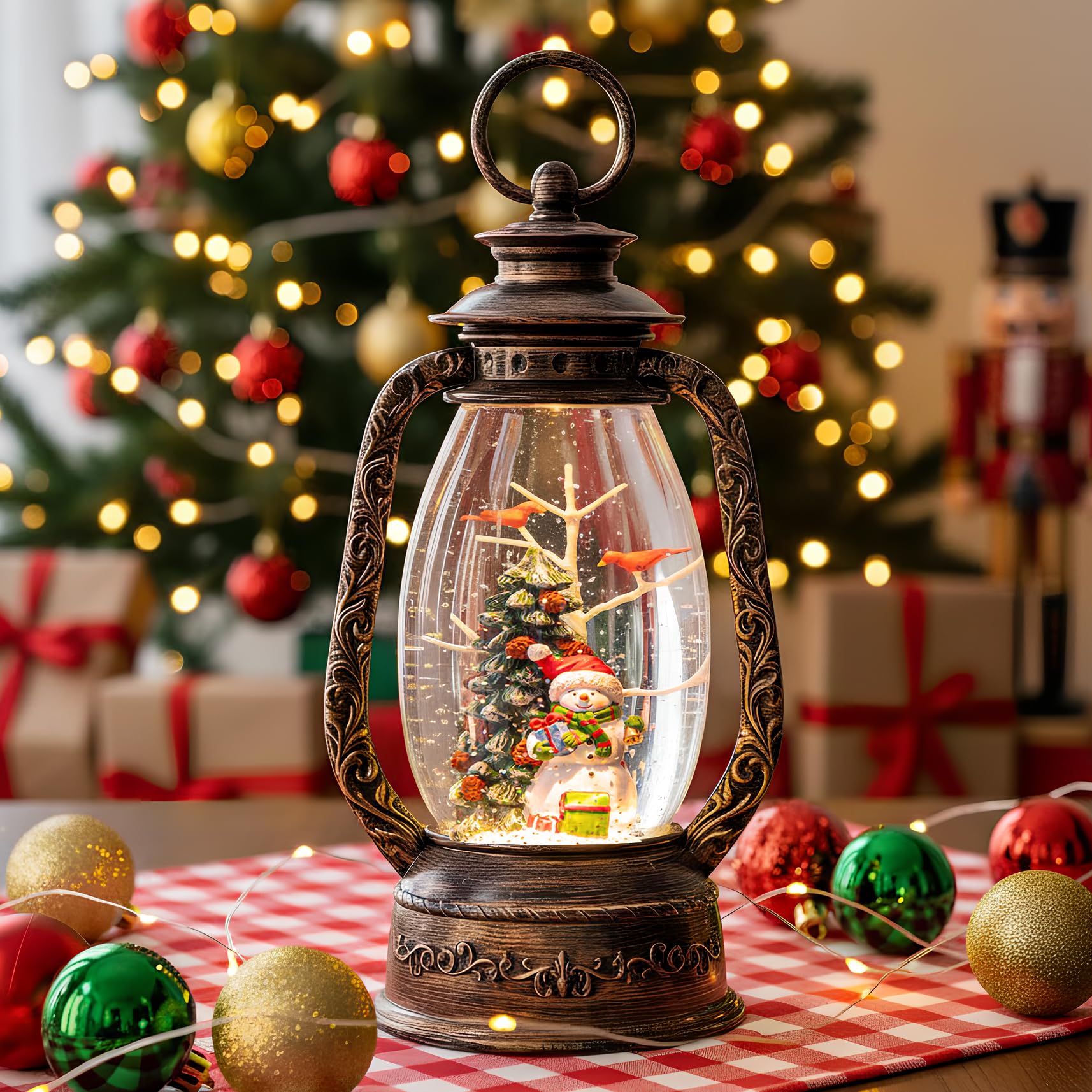 12 Christmas Musical Snow Globe Lantern Spinning Water Glittering Snowman with Holiday Tree Scene, Battery & USB Powered Light