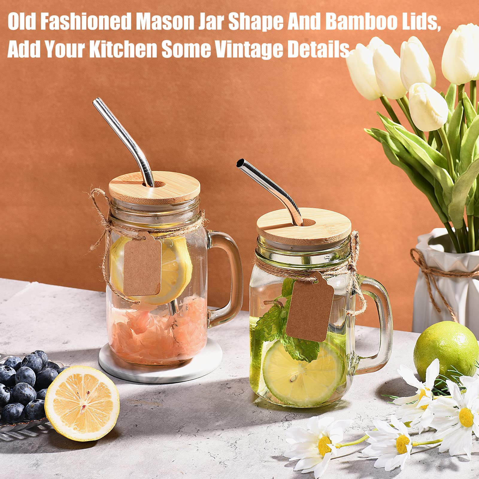 TANGLONG 16 oz Mason Jars with Handle, Glass Drinking Cups Set of 12, Clear, with Lids and Straws