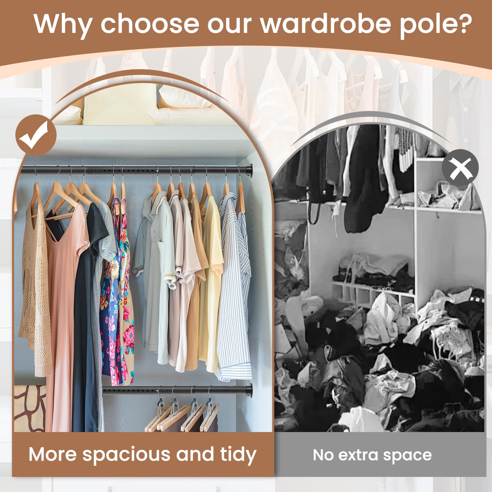 Metal Black Closet Rods For Hanging Clothes, 1.3 Inch Diameter Heavy Duty Closet Rod 17-51 Inch Adjustable Clothes Hanging Bar S