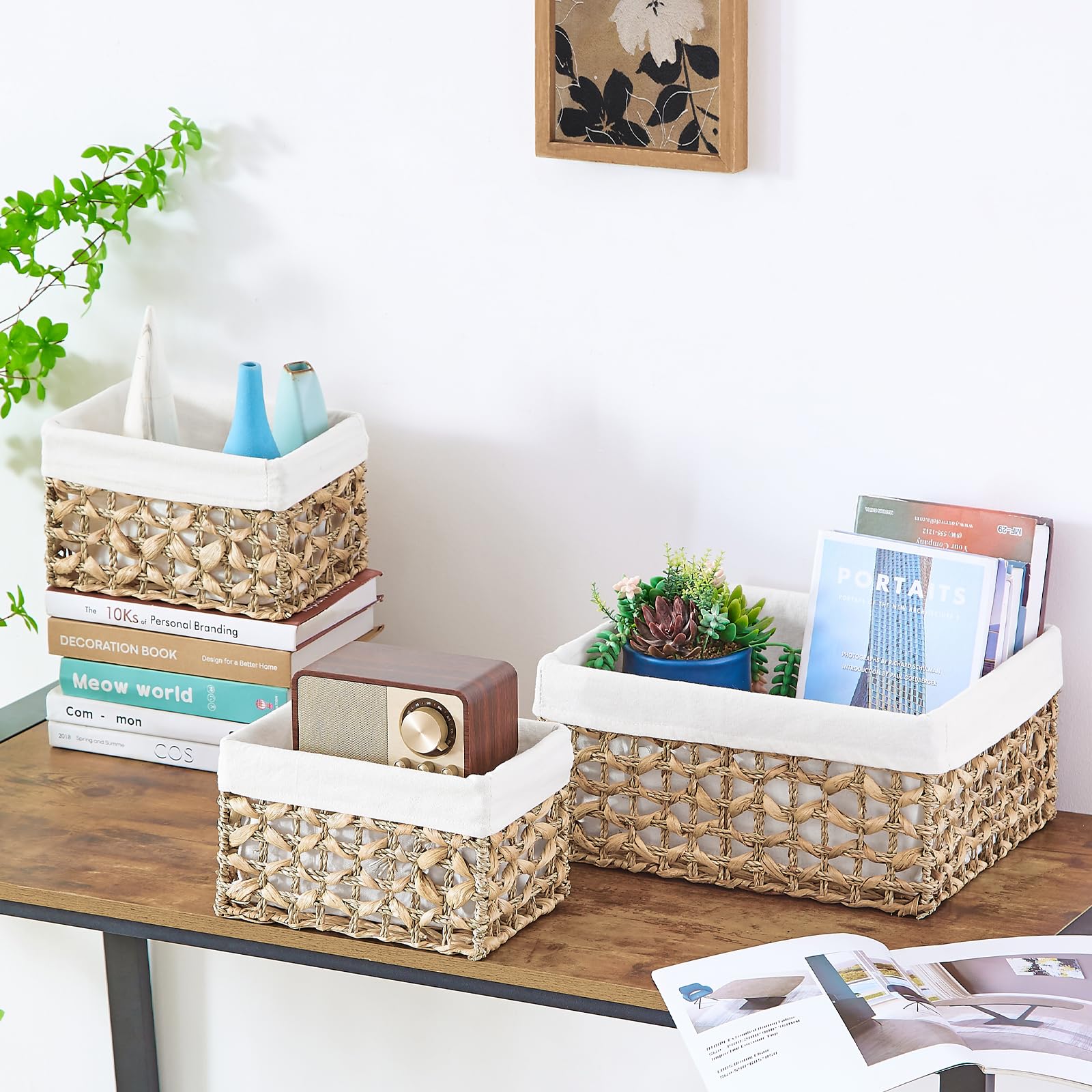 Vagusicc Wicker Basket, Set Of 3 Hand-Woven Water Hyacinth Storage Baskets For Organizing, Large Wicker Storage Basket Bins With