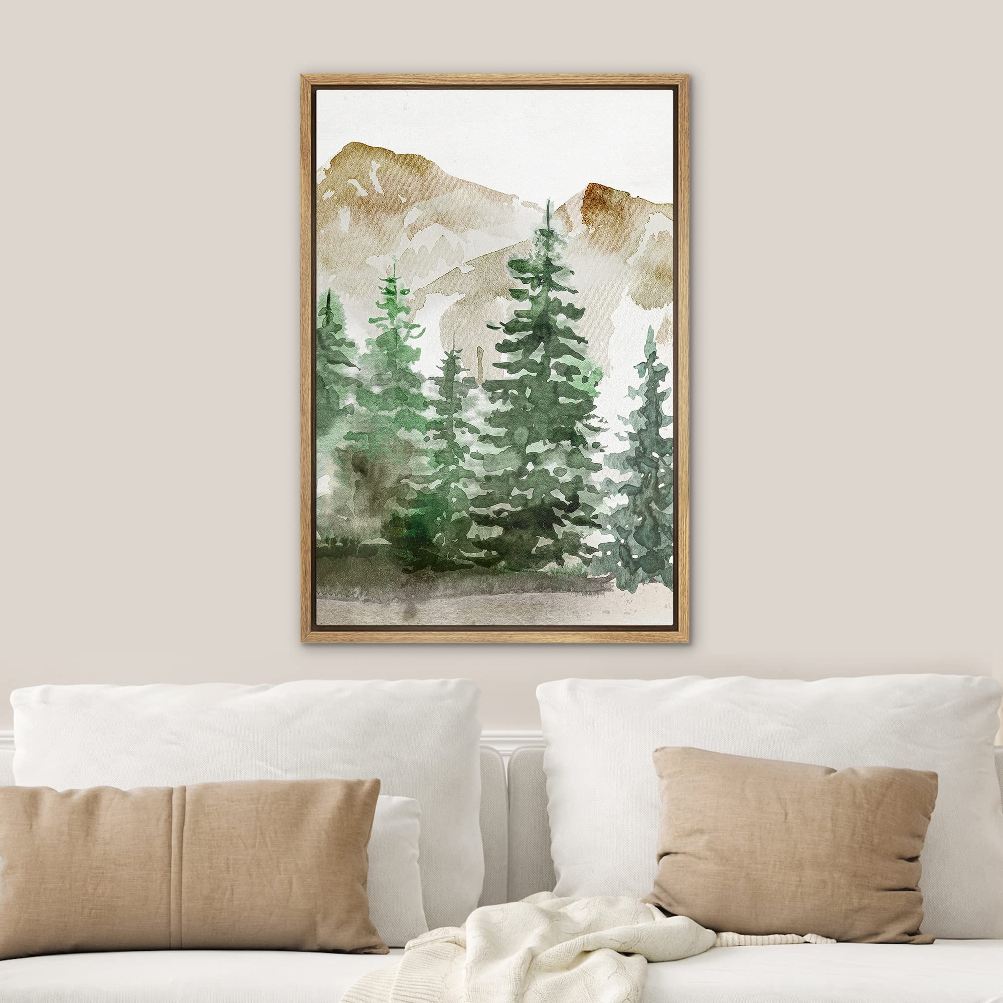 Signwin Framed Canvas Print Wall Art Woodland Nursery Decor Duotone Orange Green Mountain Pine Forest Nature Illustrations Moder