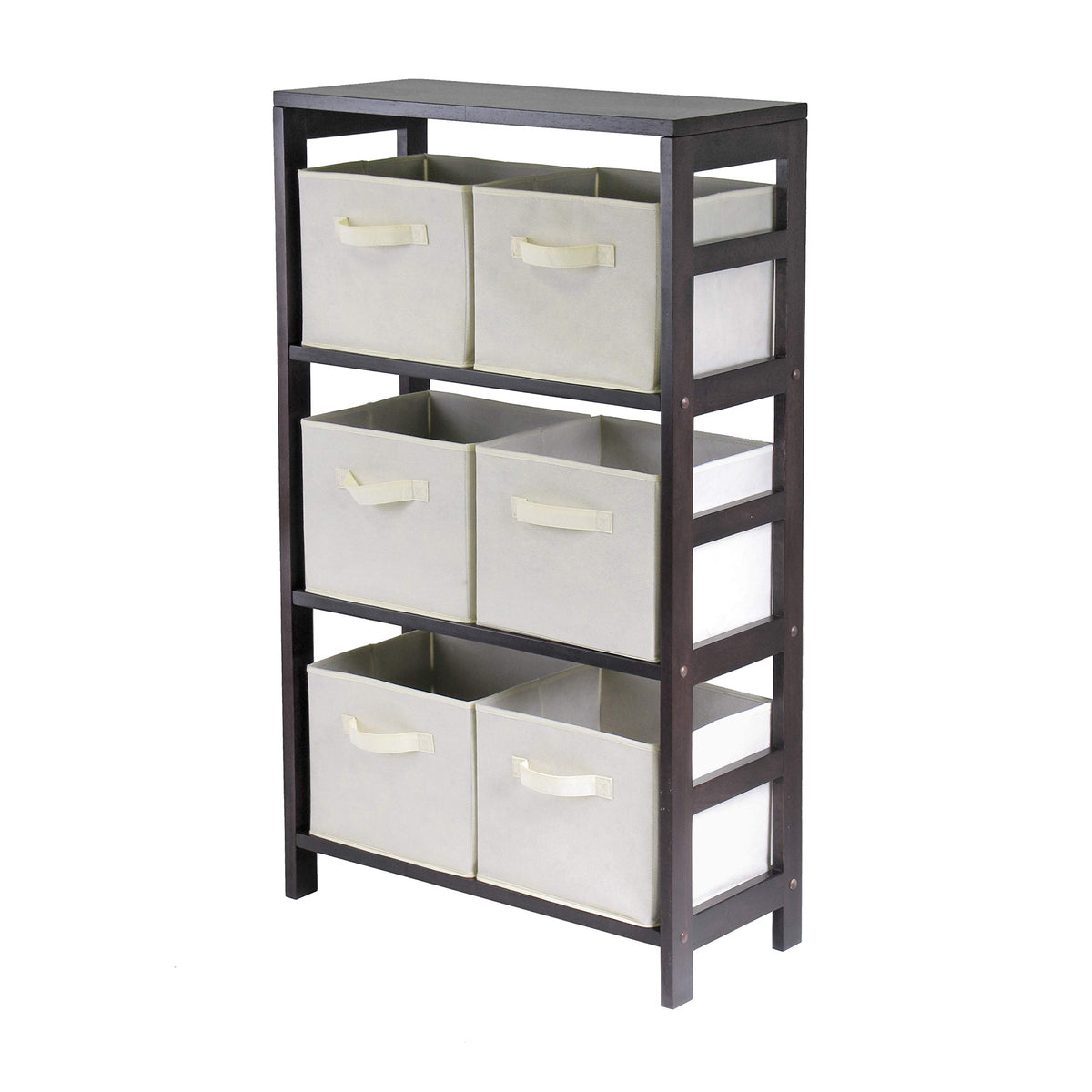 Winsome Wood Capri Wood 3 Section Storage Shelf With 6 Beige Fabric Foldable Baskets
