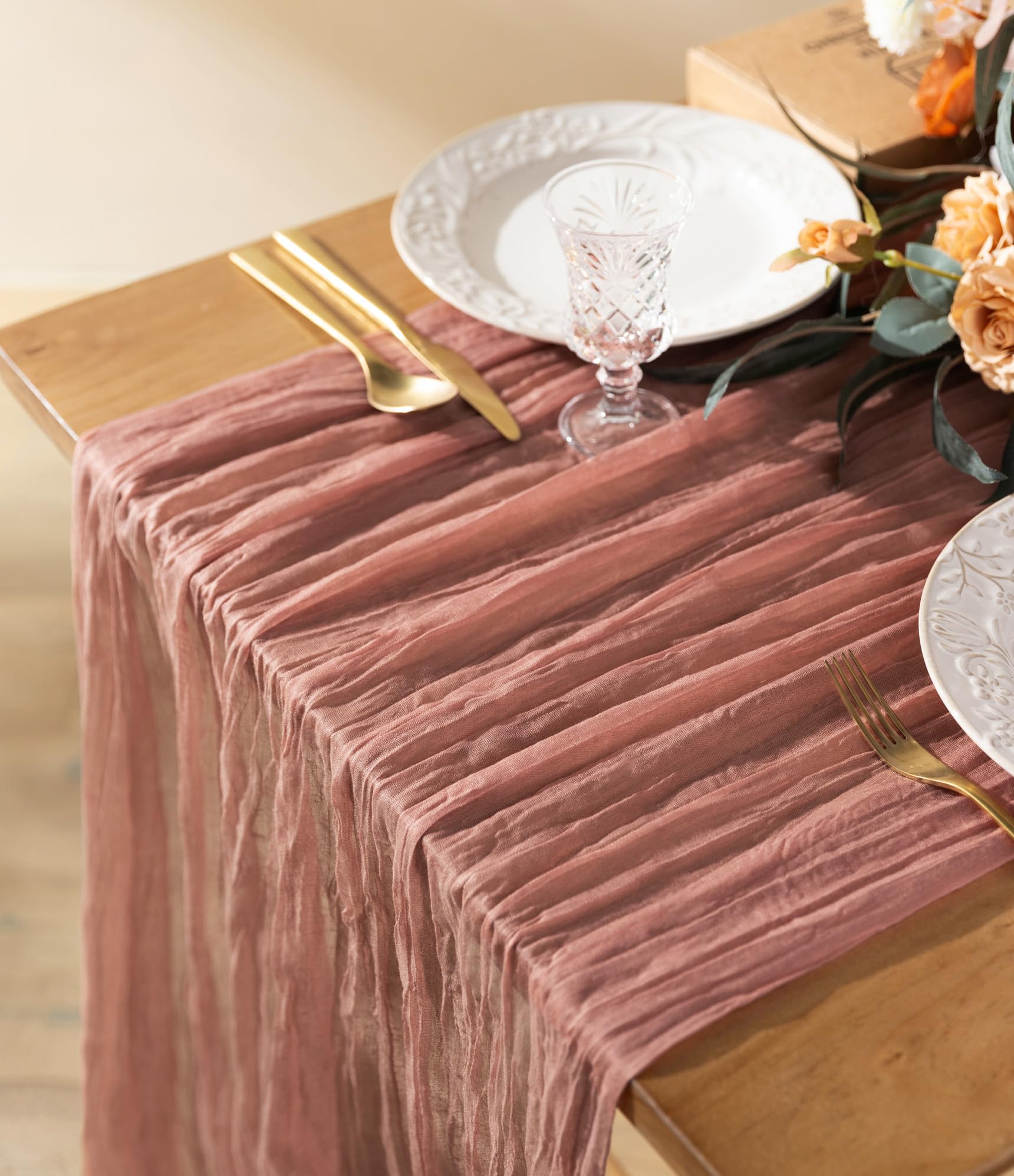 Vitalizart Cheesecloth Table Runner 10ft Gauze Boho Rustic Peach Coral Cheese Cloth Table Runner for Wedding Bridal Shower Fall 