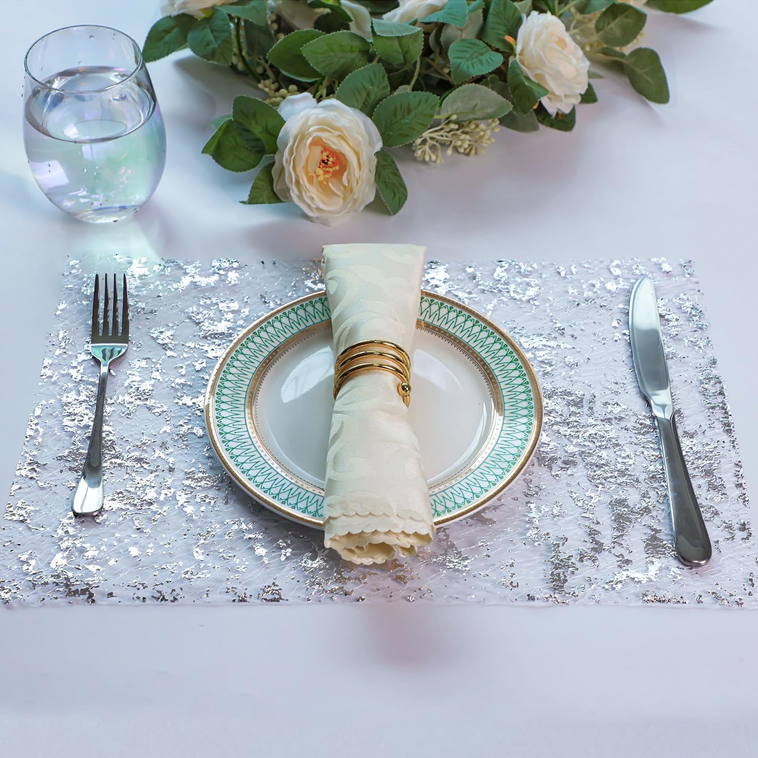 Snowkingdom Silver Table Runner, Sequin Glitter Foil Metallic Silver Mesh Table Runner Roll 11 Inch X 49 Feet, Silver Table Deco