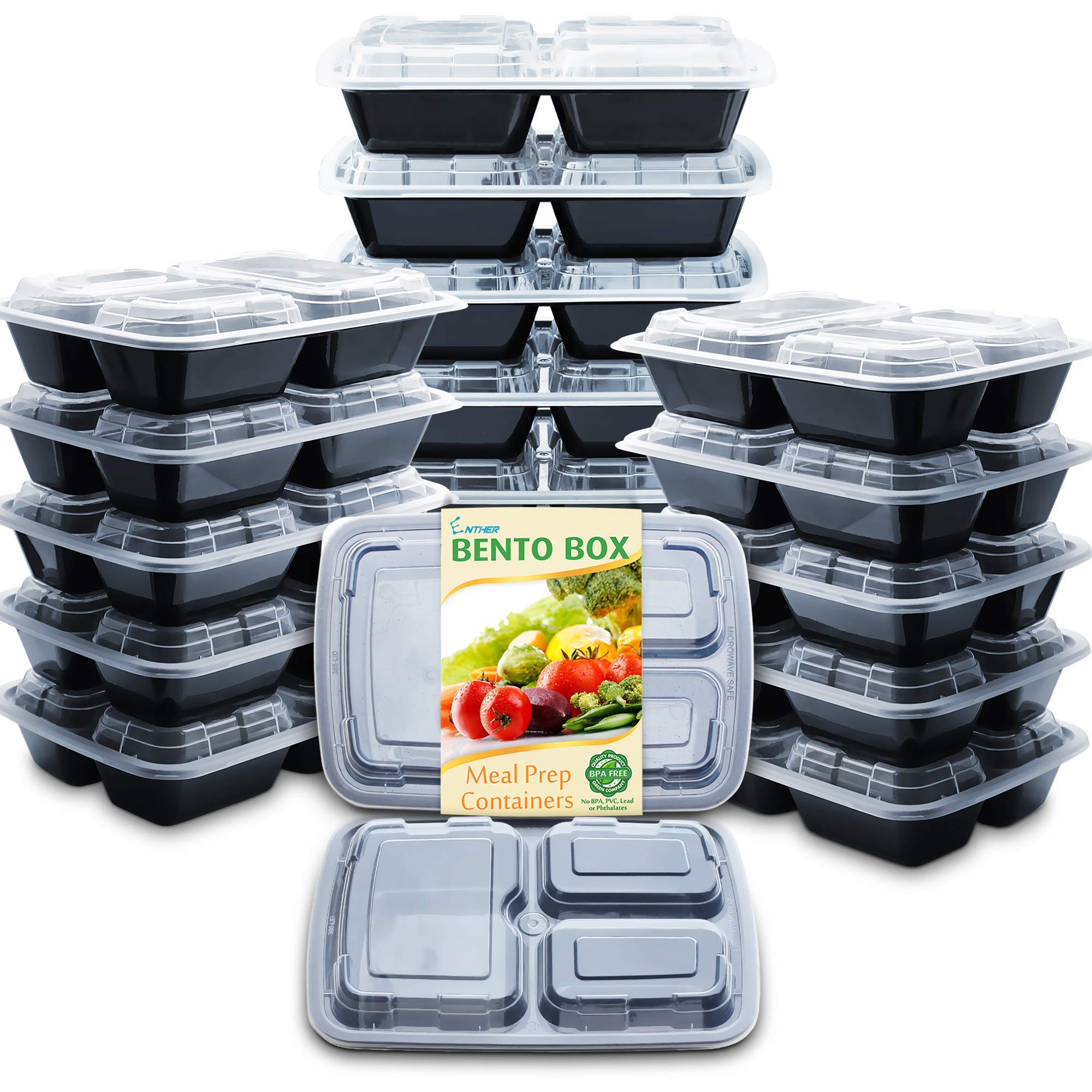 Enther Meal Prep Containers With Lids 20 Pack 3 Compartment Food Storage Bento Lunch Box Bpa Free, Reusable, Microwave/Dishwashe