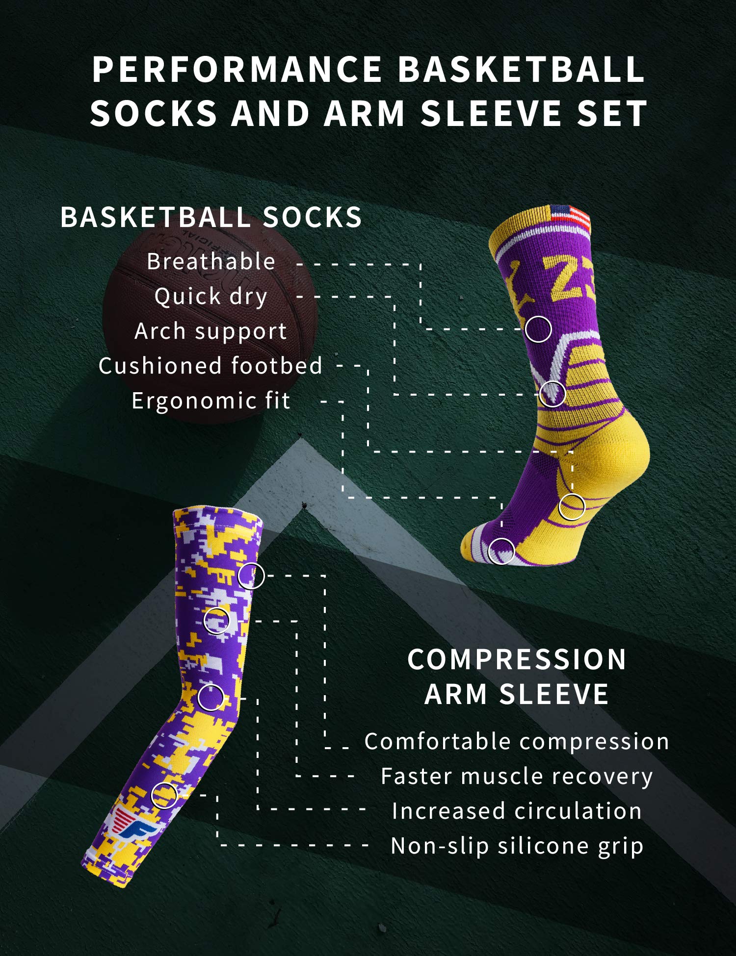 Forever Fanatics Youth Boys Basketball Socks Sports Athletic Crew Socks With Basketball Arm Sleeve - Made In Usa (30 Royalgold,