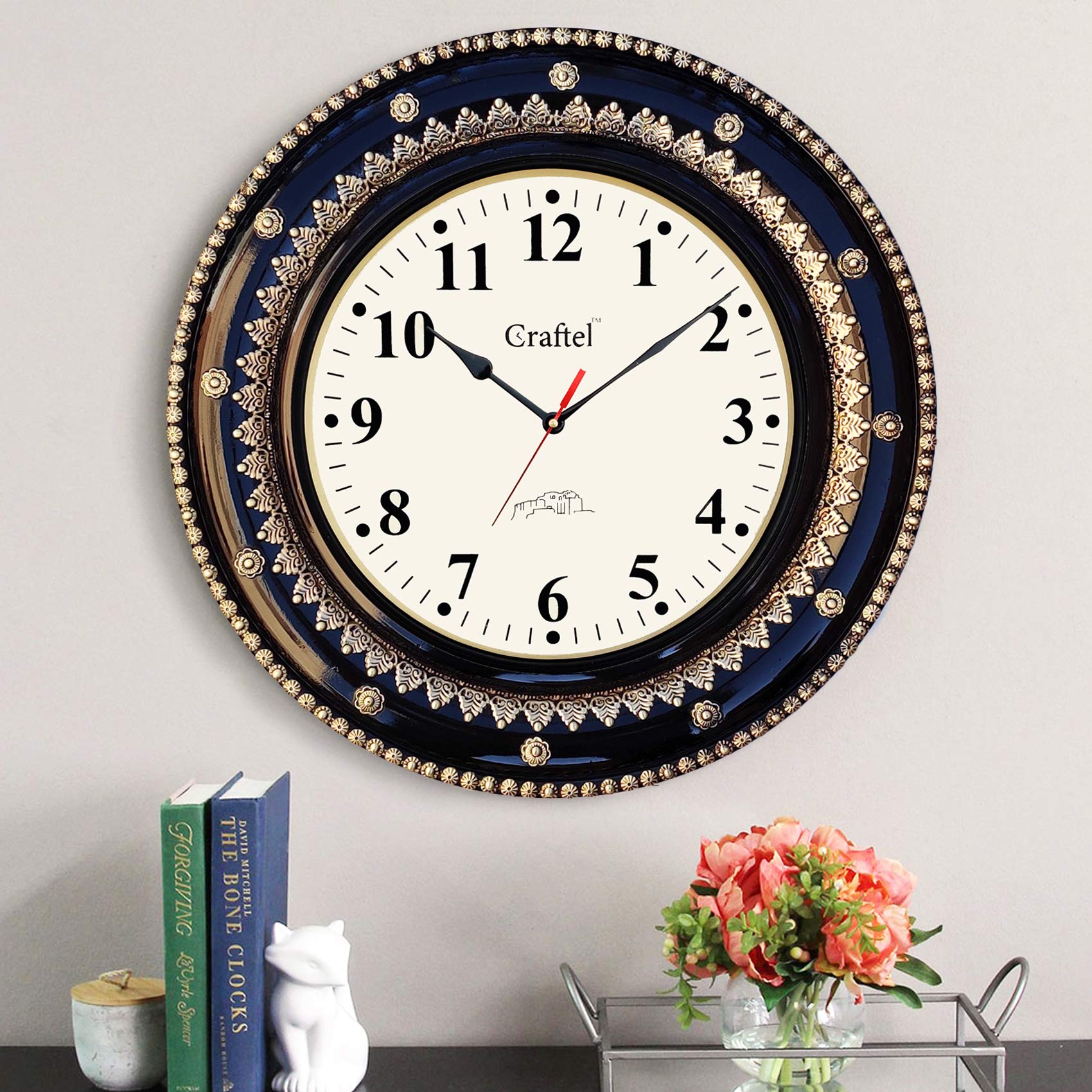 Craftel Antique Silent Brass Fitted Polished Decorative Wall Analog Clock For Bedroom Living Room Home(Gold, Black, Dial : 12 In